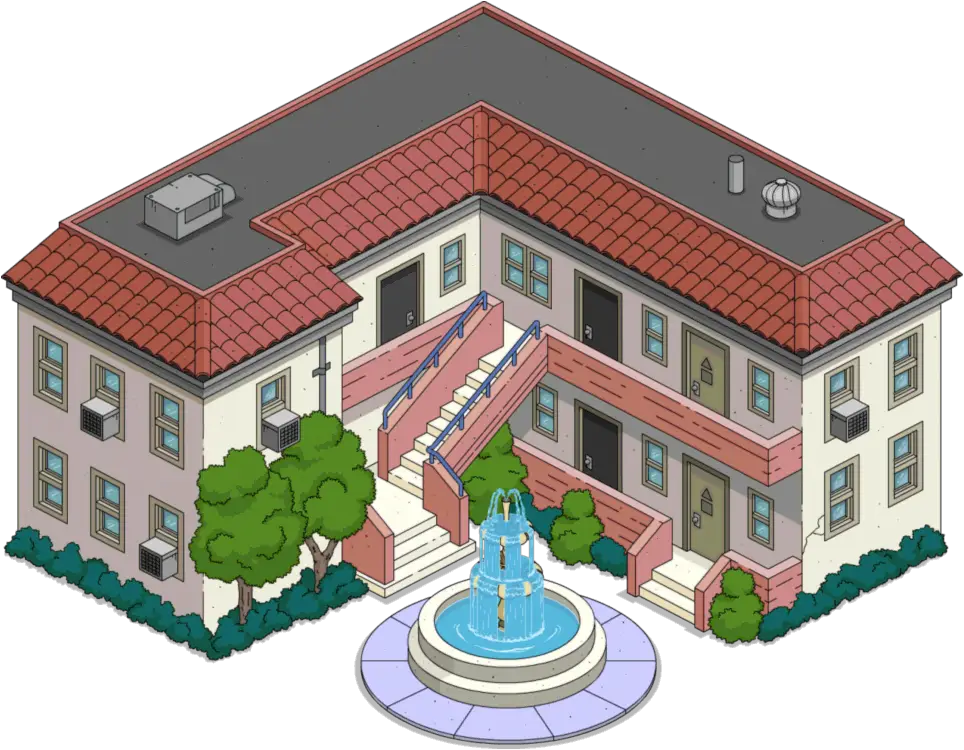 Cartoon Apartment Complex with Fountain