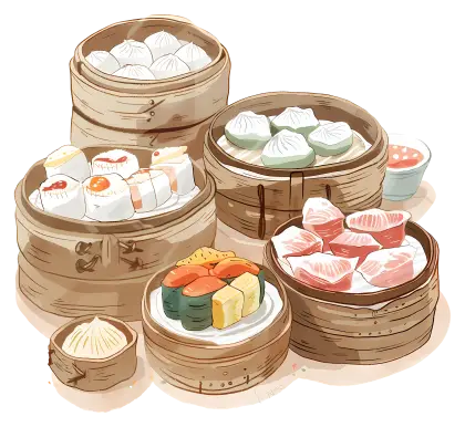 Dim Sum Dishes in Bamboo Steamers Illustration