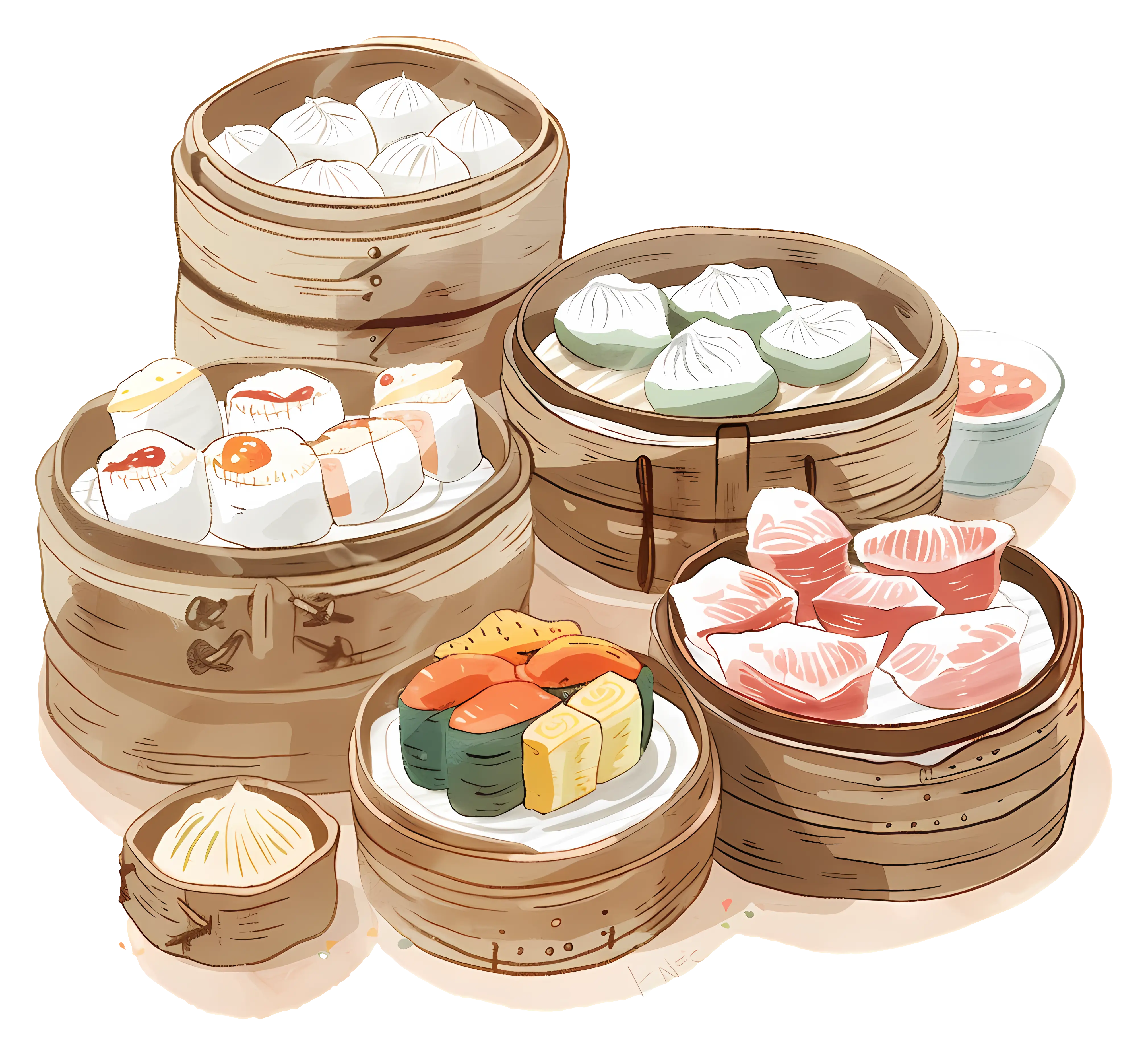 Dim Sum Dishes in Bamboo Steamers Illustration