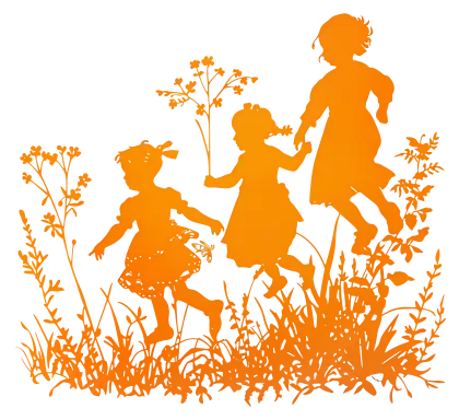 Silhouettes of Three Children Running with Plants