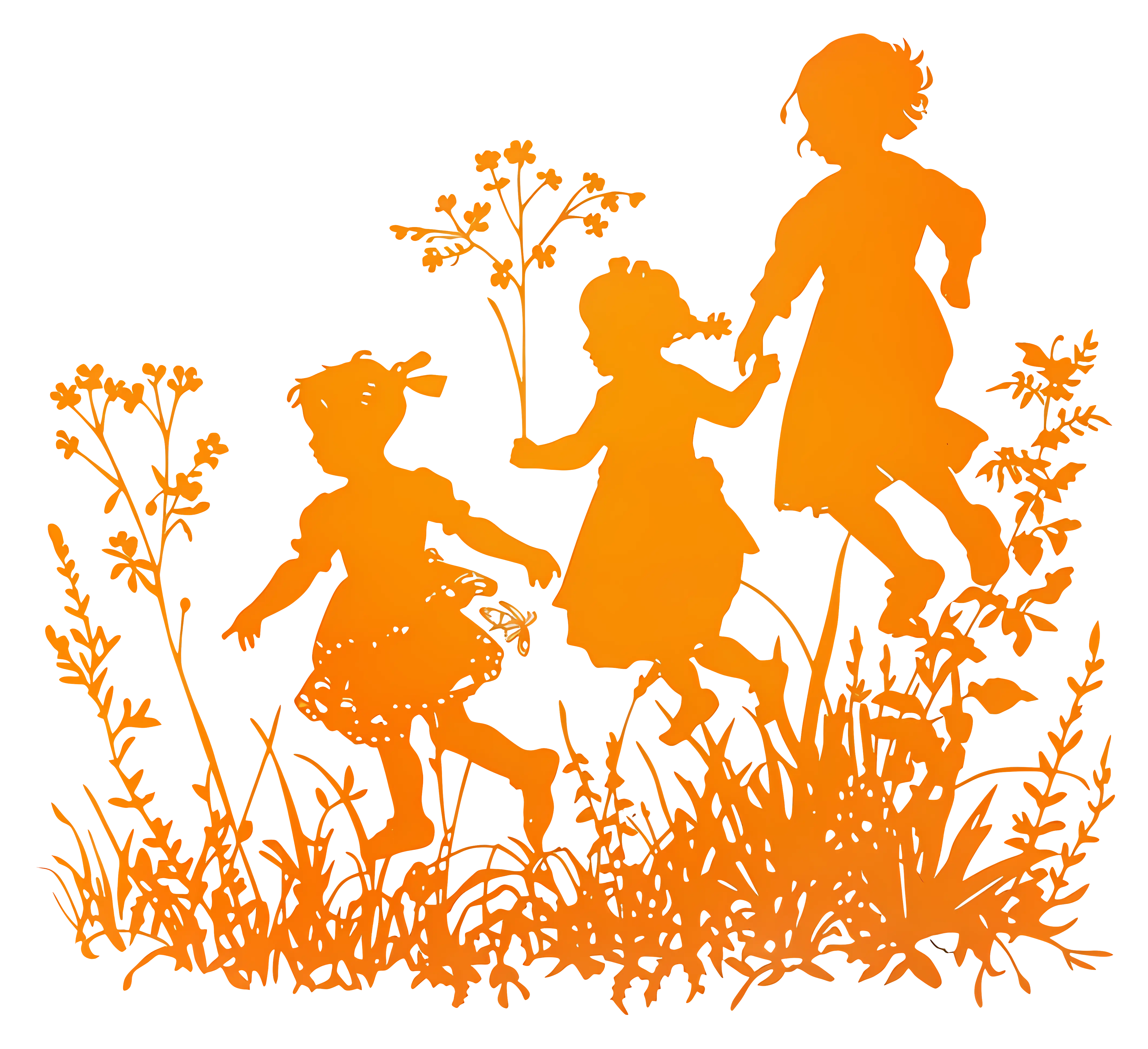 Silhouettes of Three Children Running with Plants