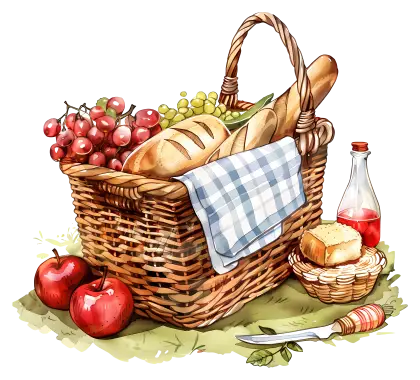 Picnic Basket with Fruits and Bread