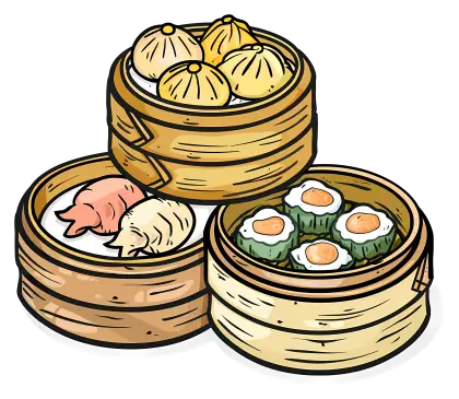 Assortment of Dim Sum in Bamboo Steamers