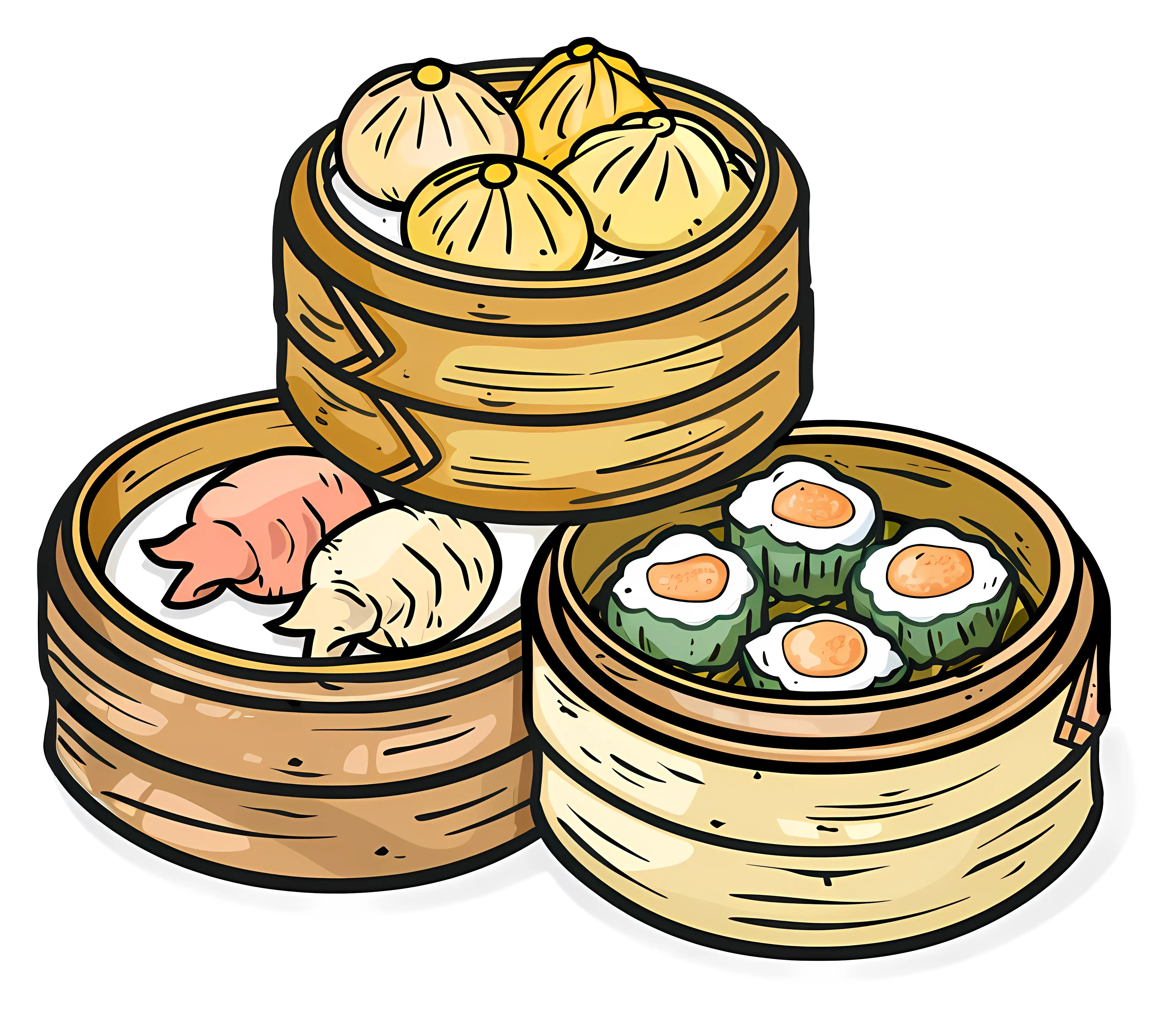 Assortment of Dim Sum in Bamboo Steamers