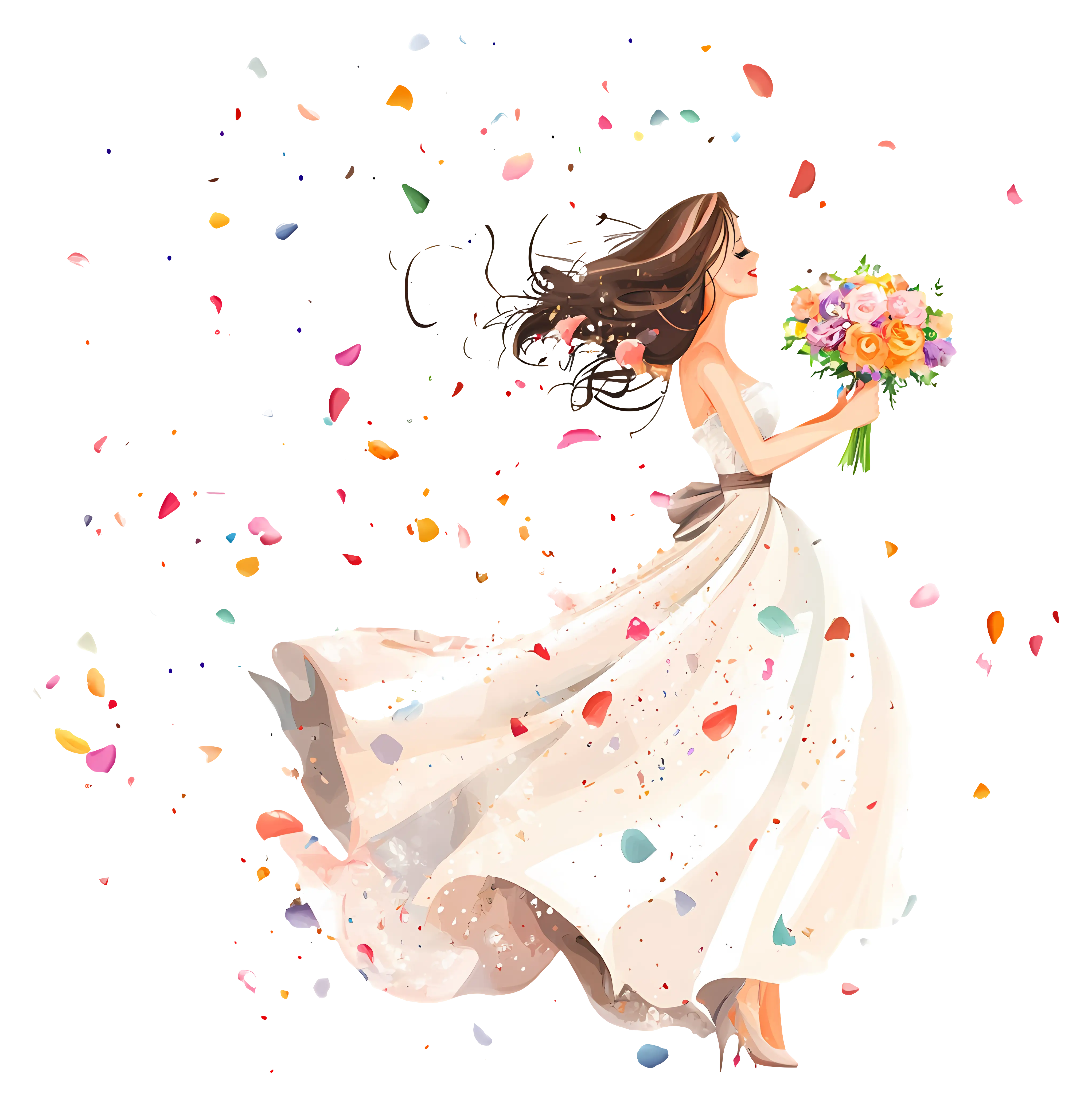Bride with Bouquet and Petals
