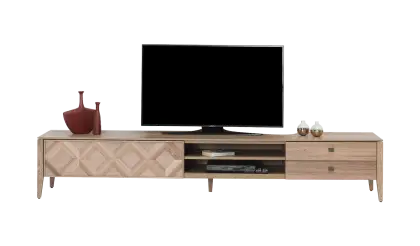 Wooden TV Stand with Decorations and Television