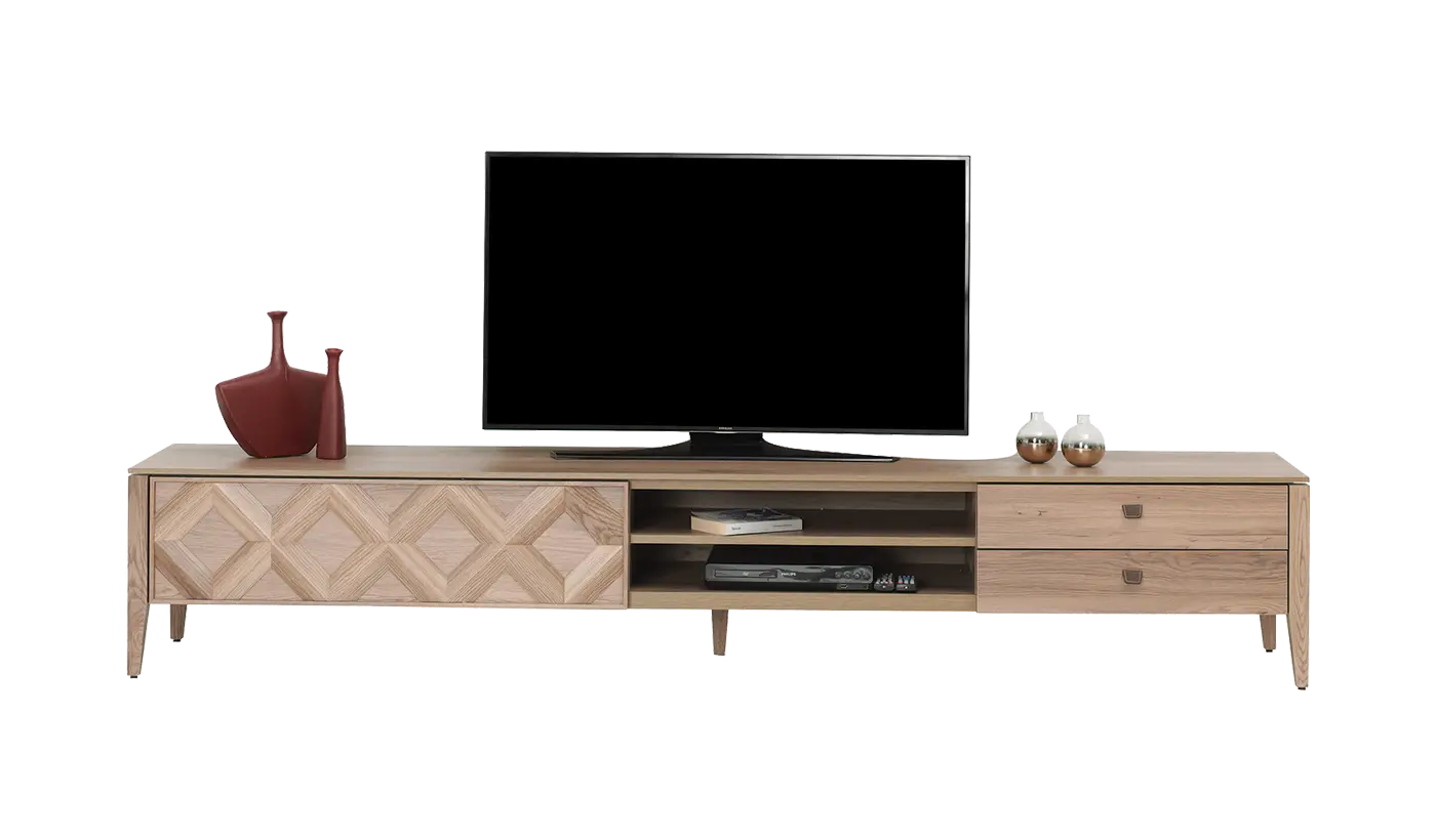 Wooden TV Stand with Decorations and Television