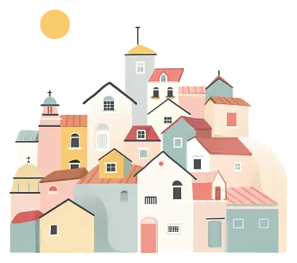Charming Colorful Village Illustration with Sun