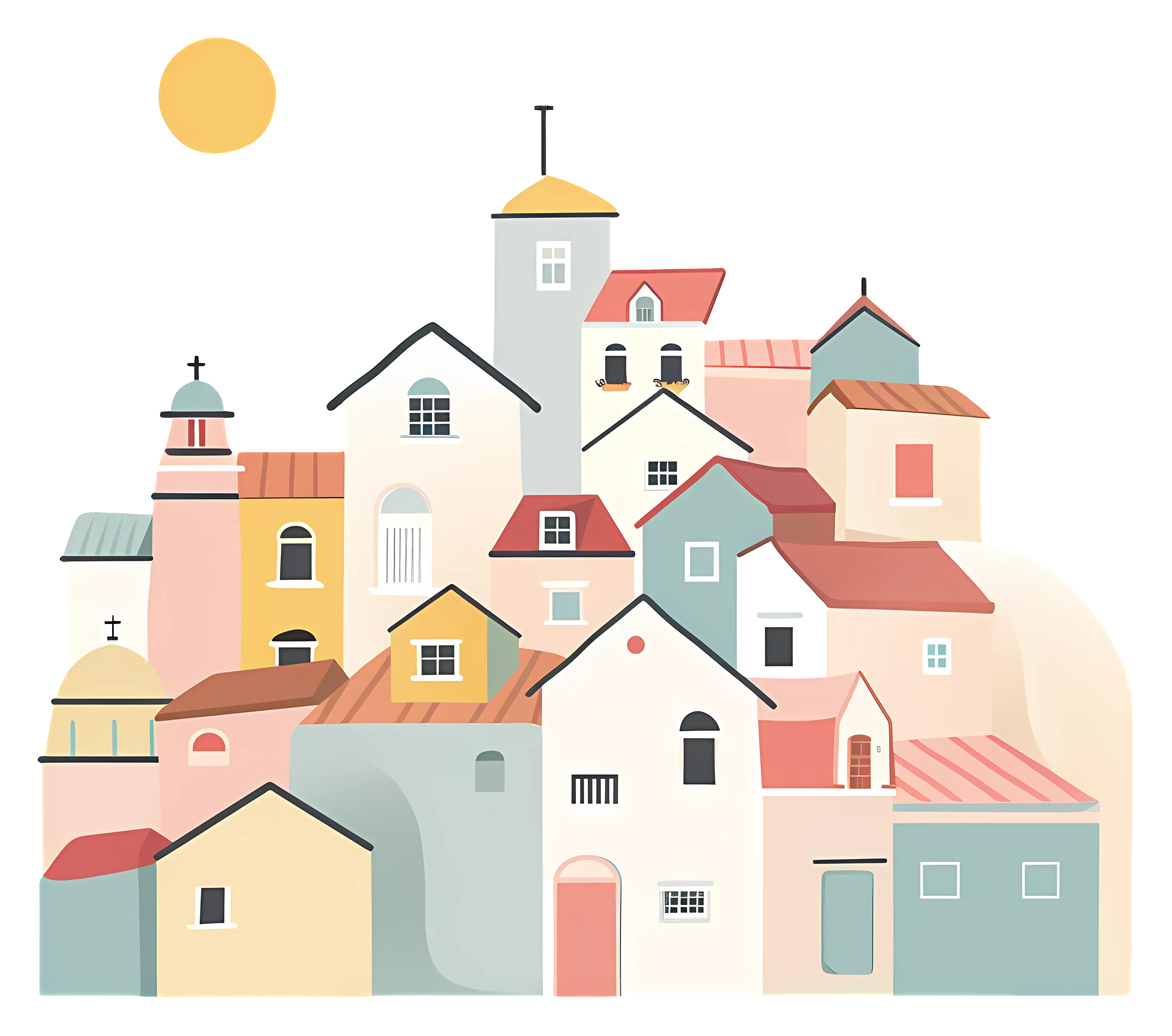 Charming Colorful Village Illustration with Sun