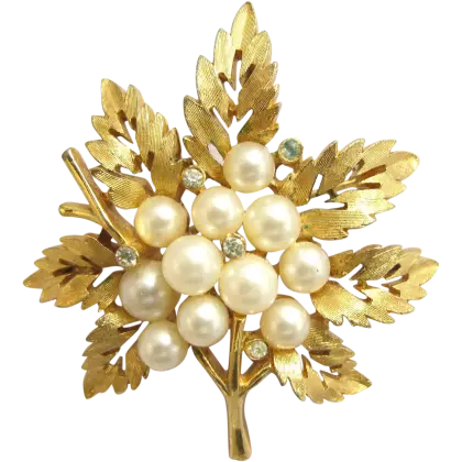 Elegant Golden Leaf Brooch with Pearls