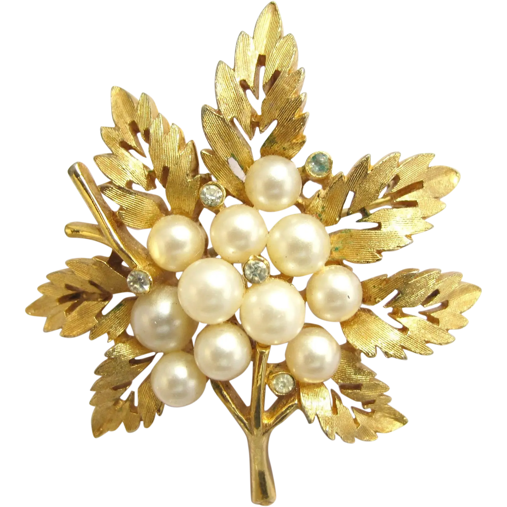 Elegant Golden Leaf Brooch with Pearls
