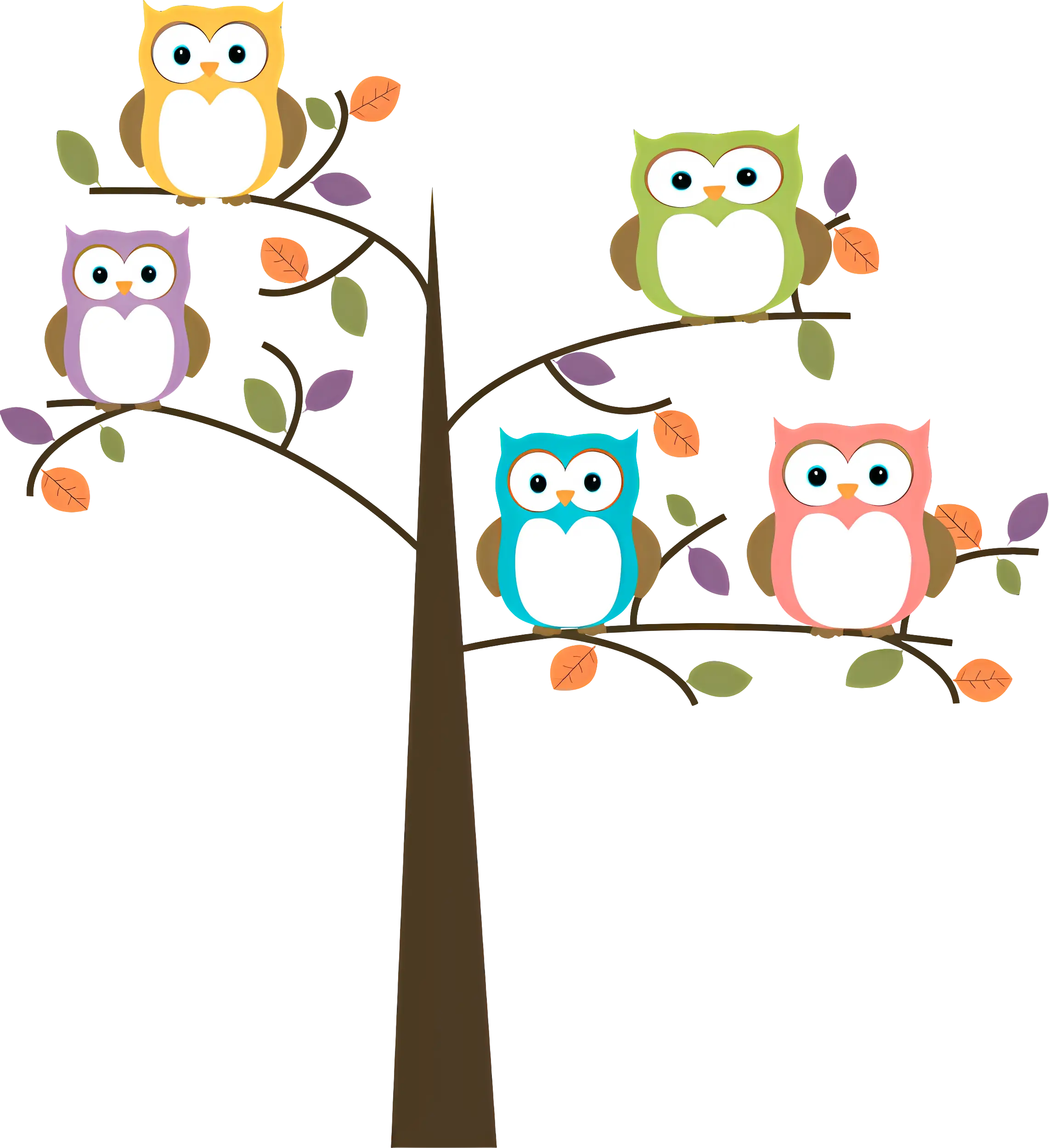 Cartoon owls on decorative tree branches
