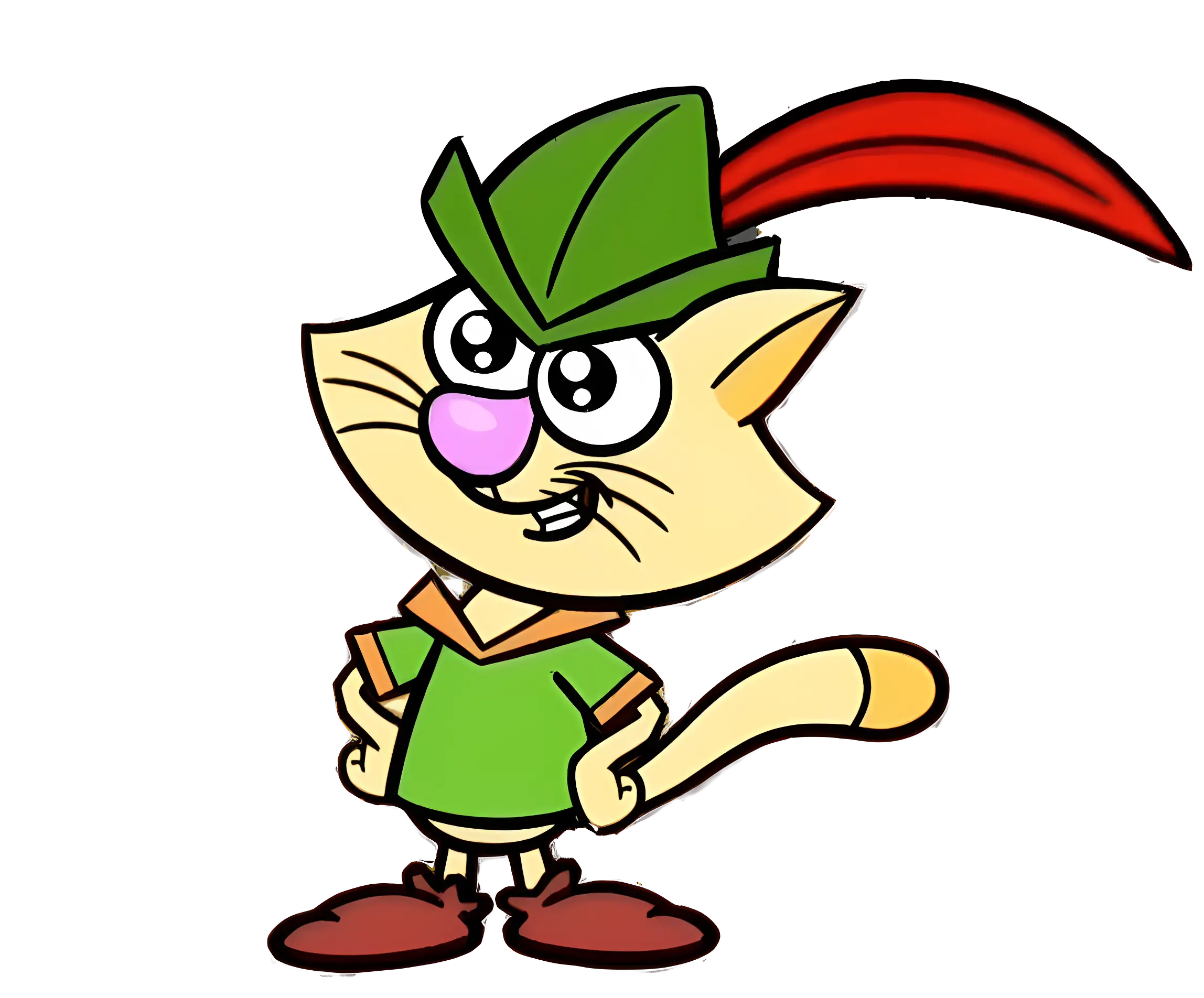 Yellow Cat in Green Outfit with Red Feather