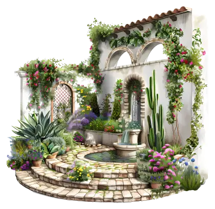 Beautiful Garden Courtyard with Fountain and Plants