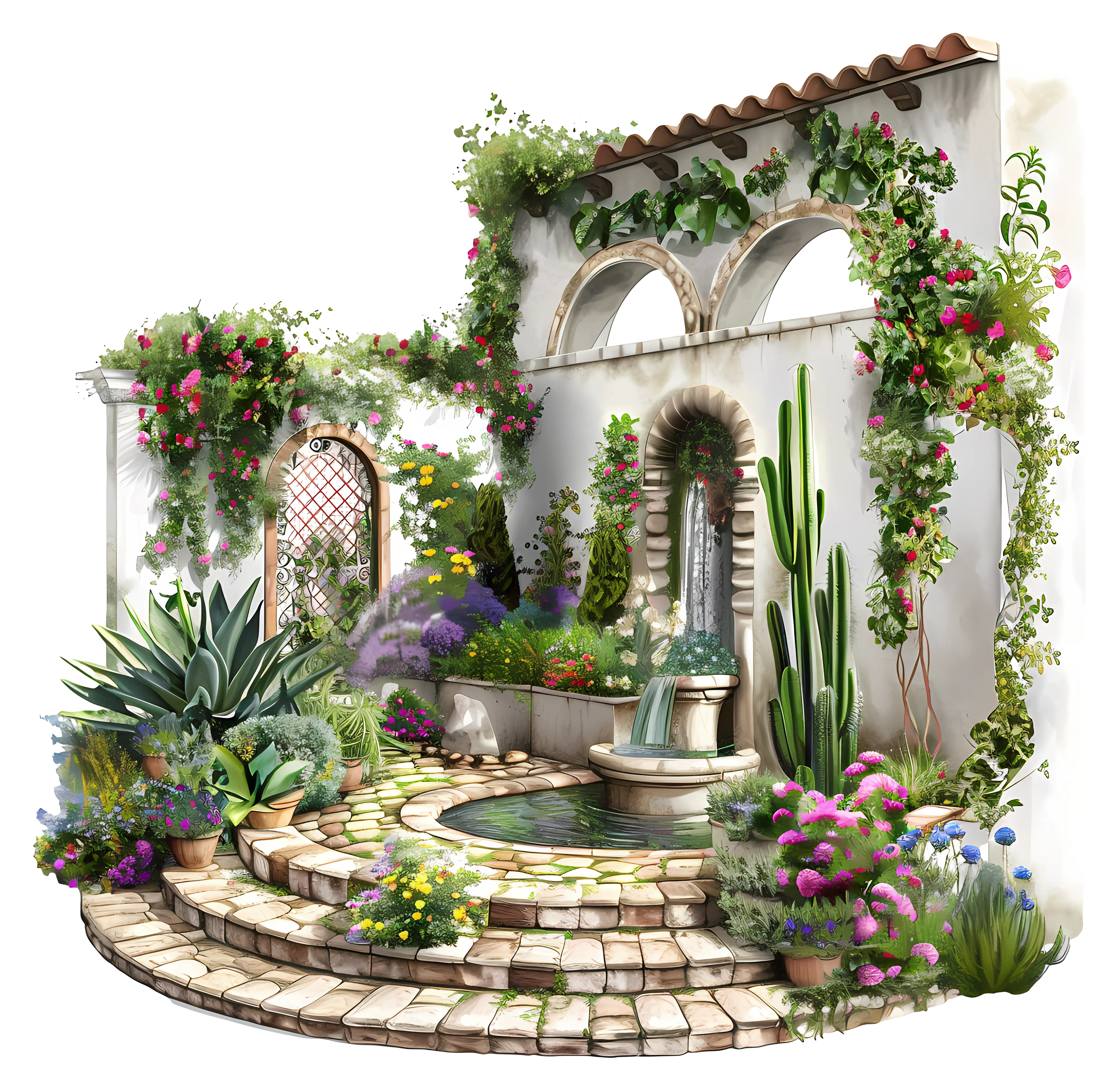 Beautiful Garden Courtyard with Fountain and Plants