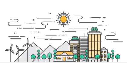 Cityscape with Sun and Wind Turbines