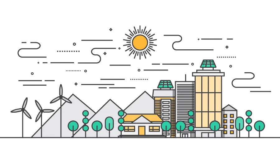 Cityscape with Sun and Wind Turbines