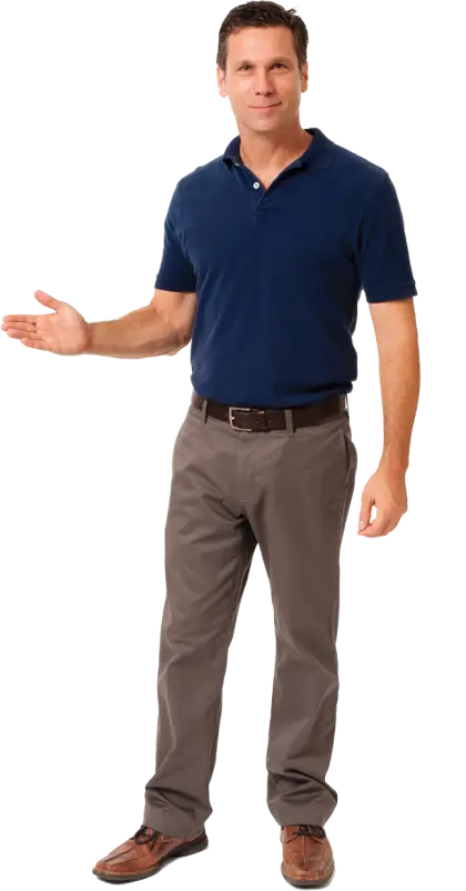Casual Man Gesturing in Blue Polo