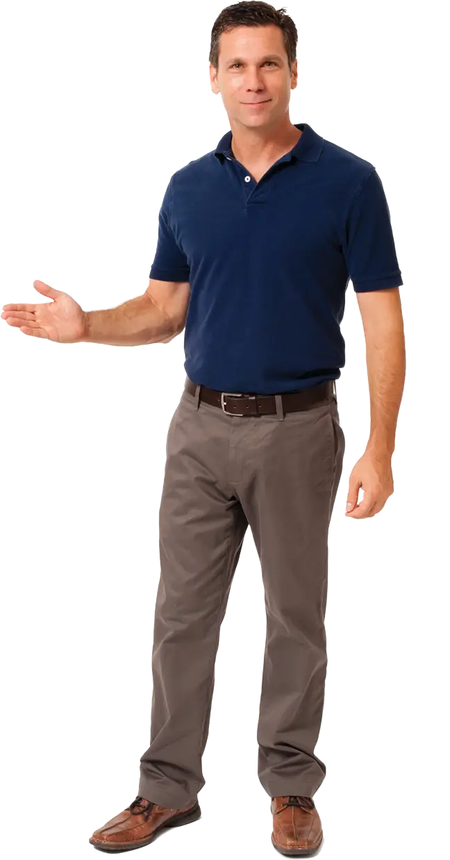 Casual Man Gesturing in Blue Polo