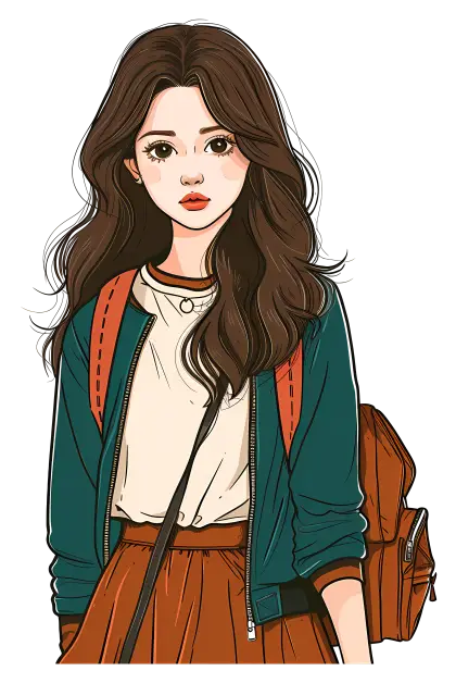Cartoon Girl with Long Hair and Backpack