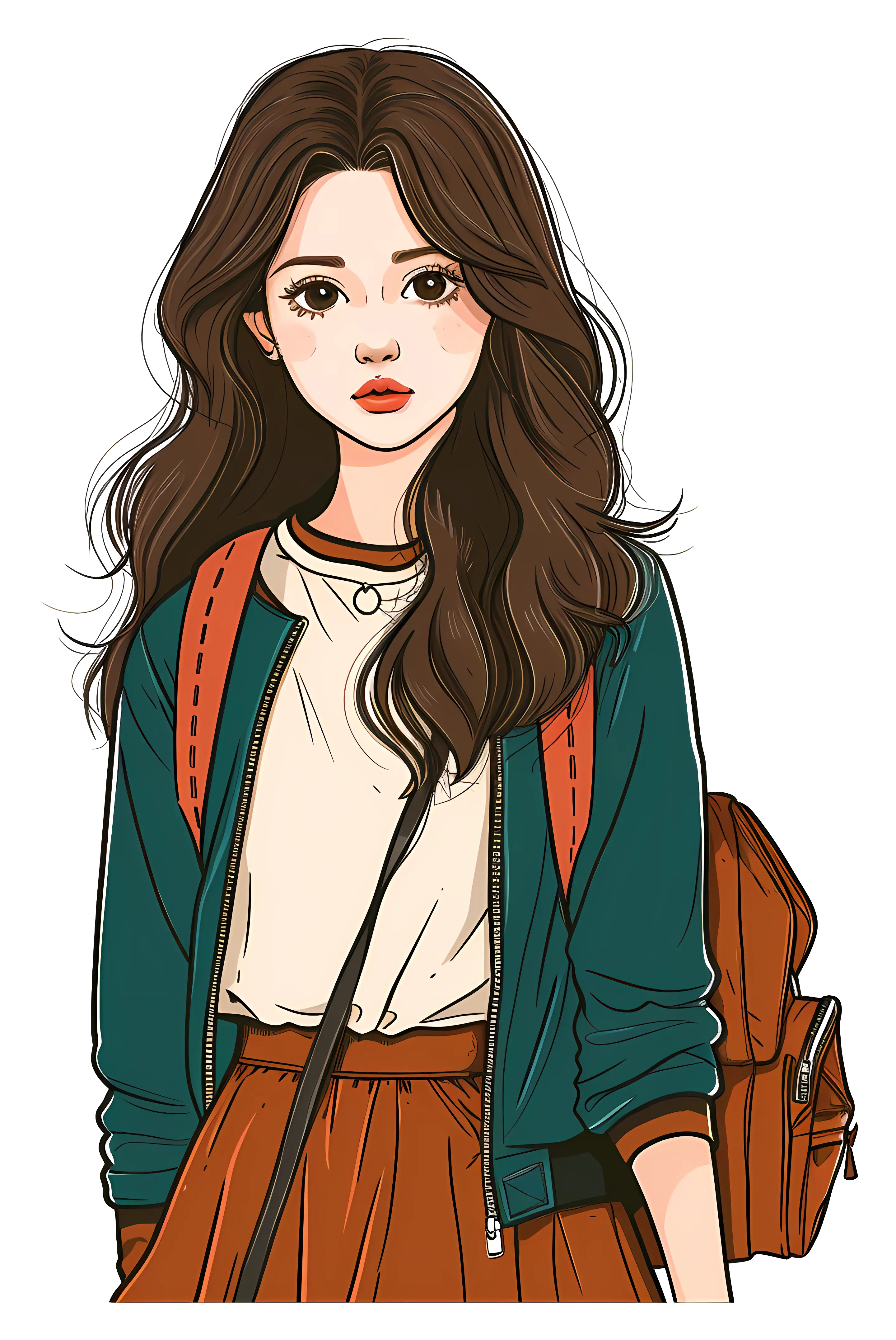 Cartoon Girl with Long Hair and Backpack