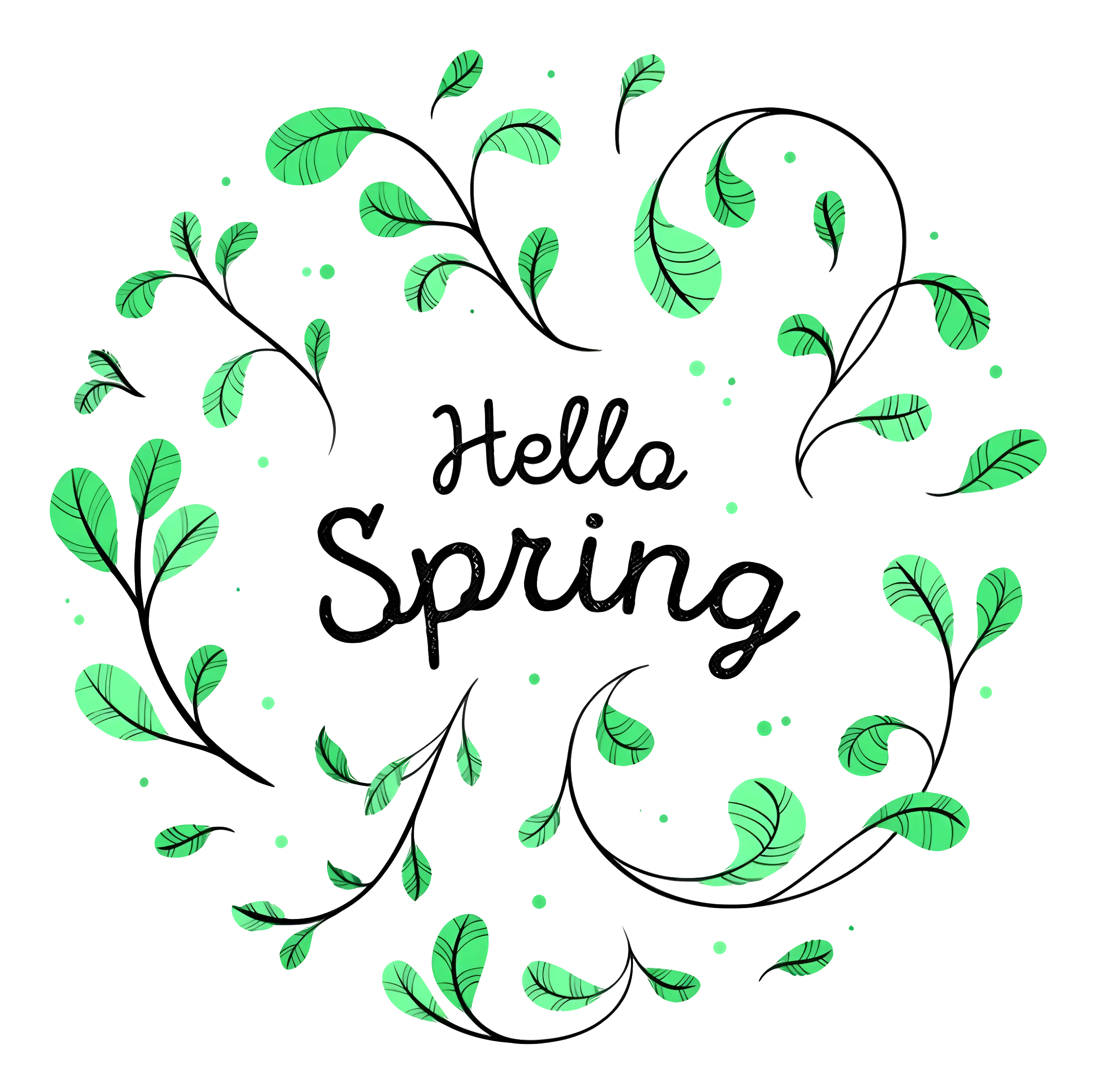 Hello Spring Text with Leaves