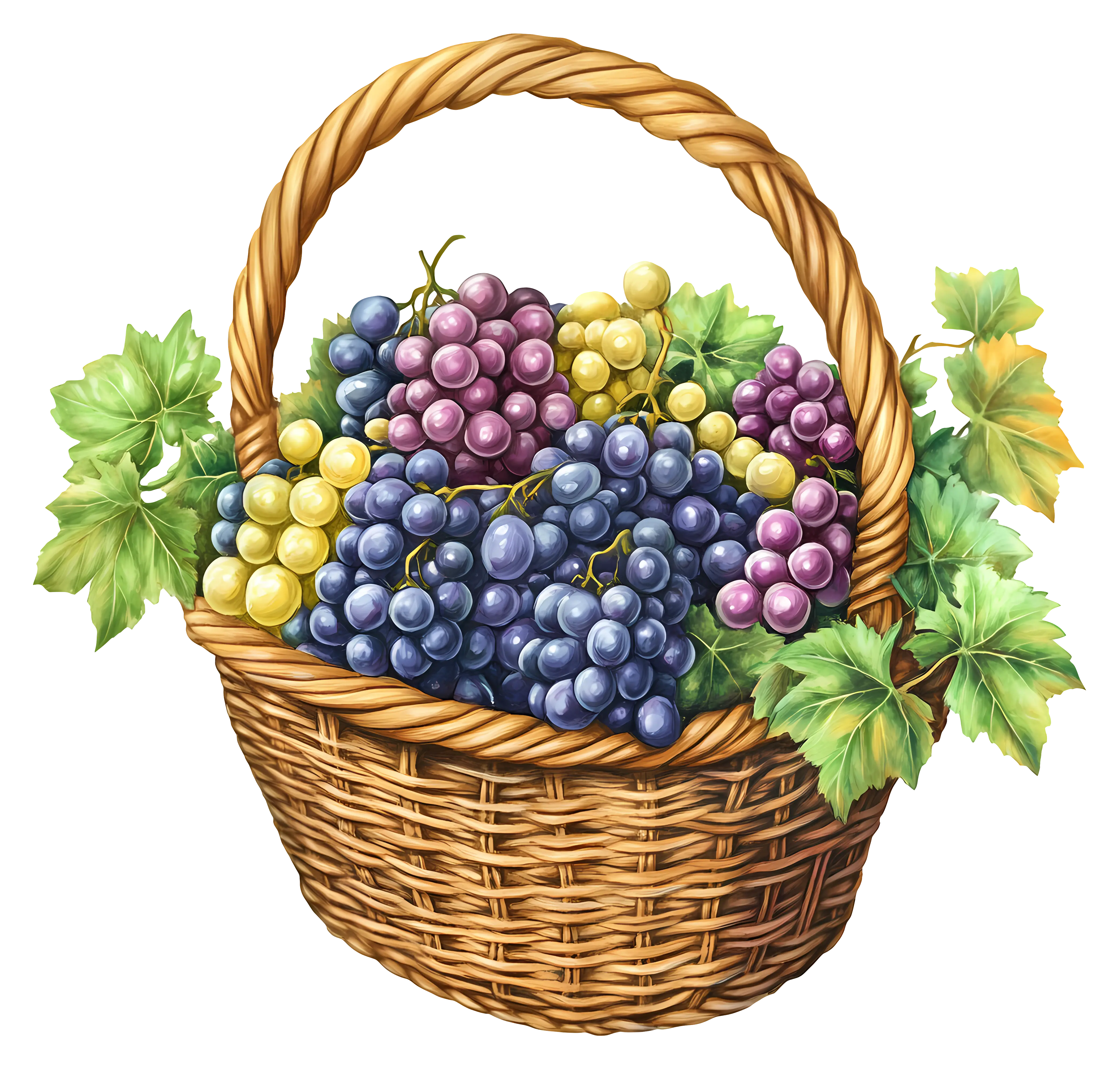 Basket of Fresh Grapes with Leaves
