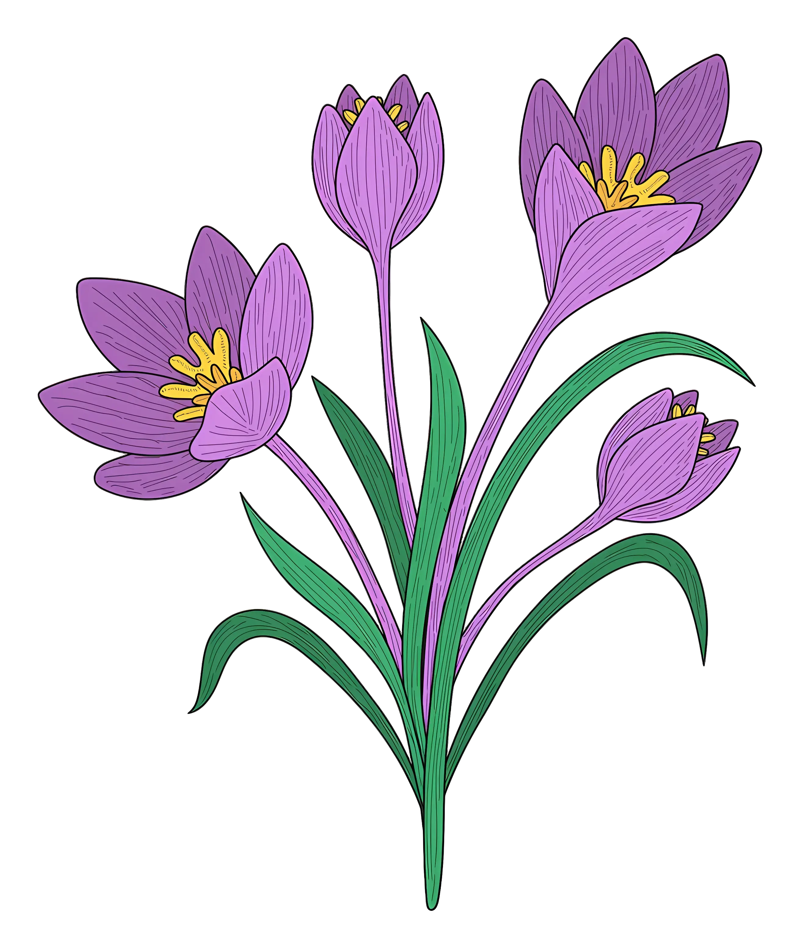 Purple Crocus Flowers Botanical Illustration
