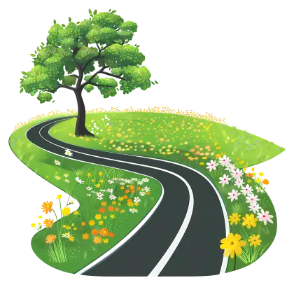 Curved Road Through Green Meadow with Flowers