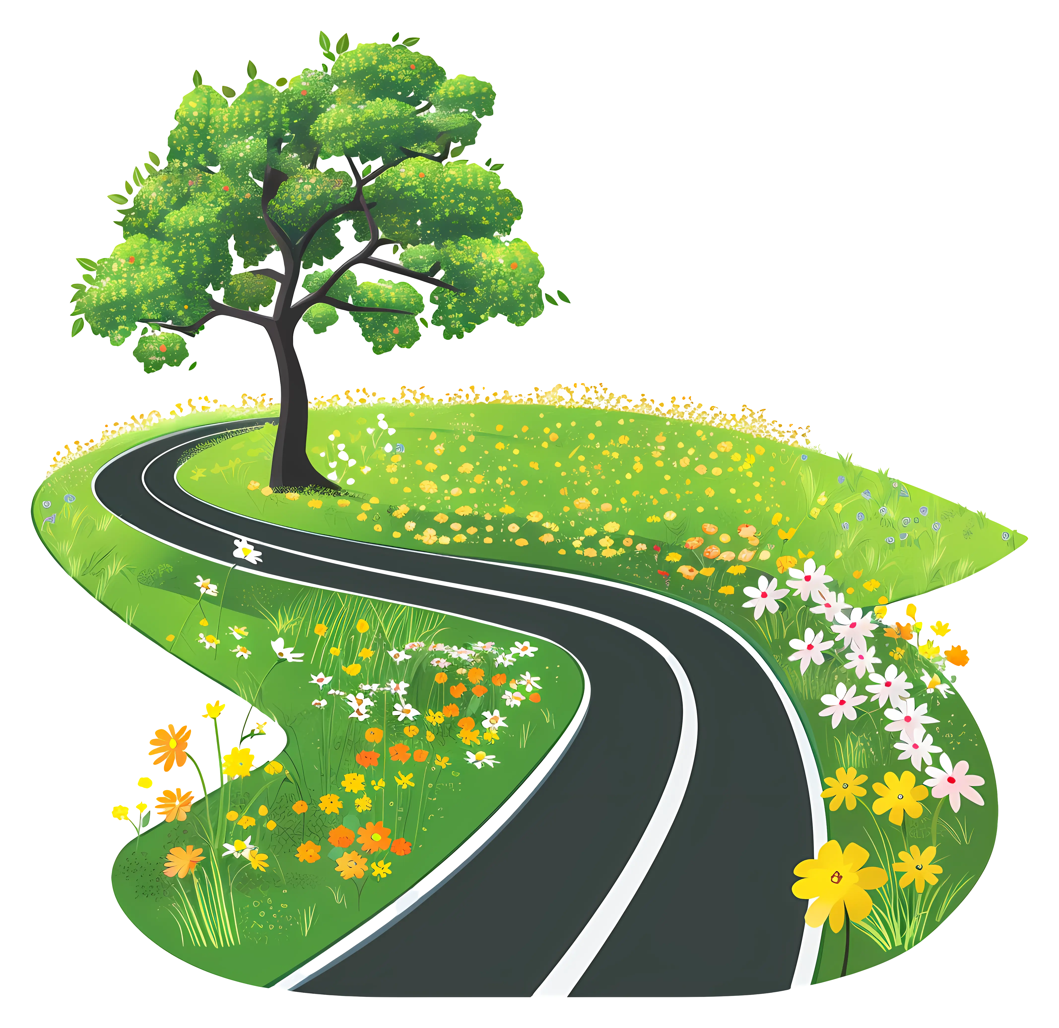 Curved Road Through Green Meadow with Flowers
