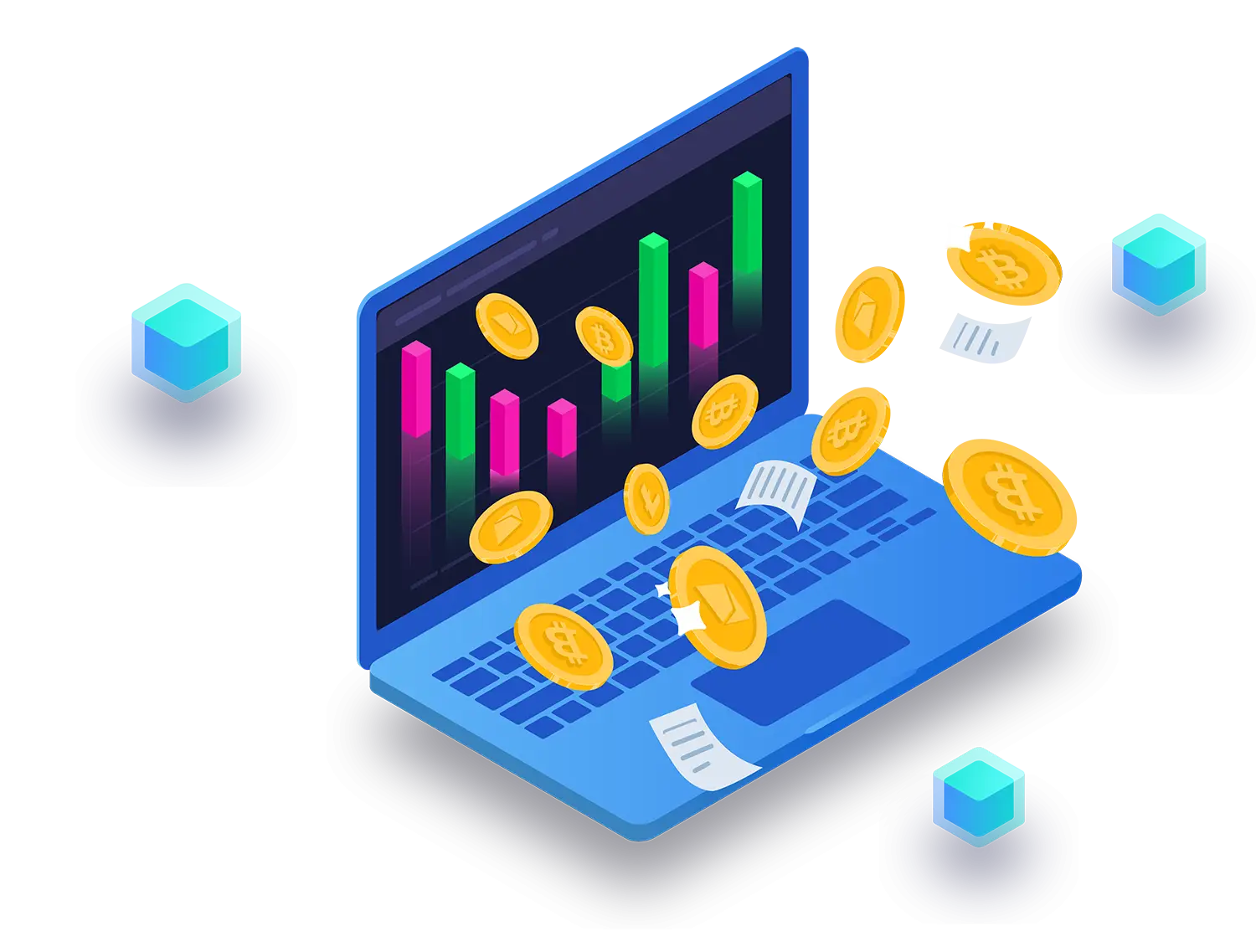 Digital Business Laptop with Coins Illustration
