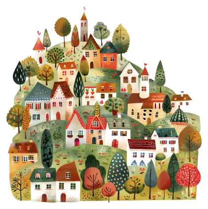 Cozy Village Houses Scattered on a Hill