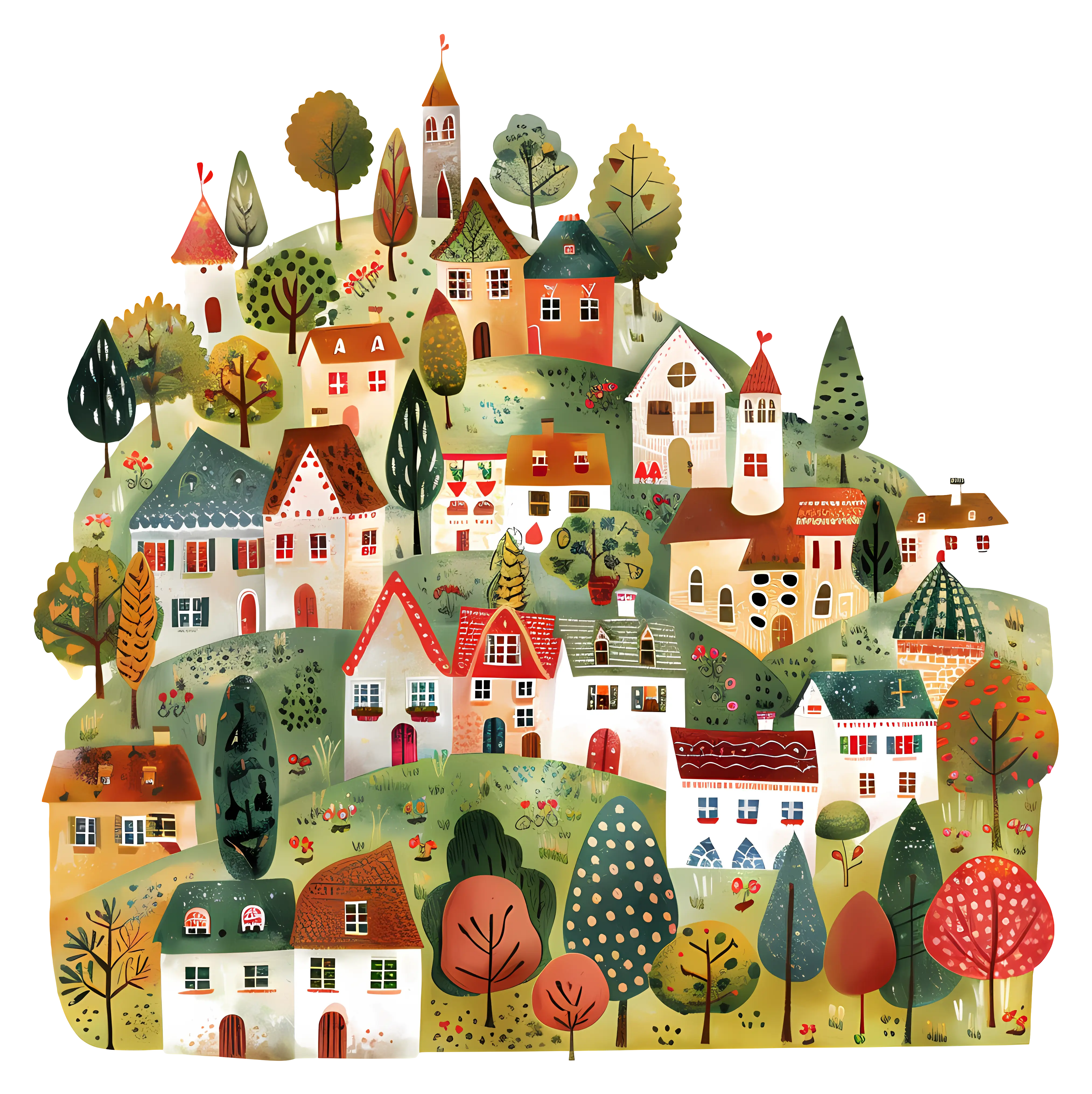 Cozy Village Houses Scattered on a Hill