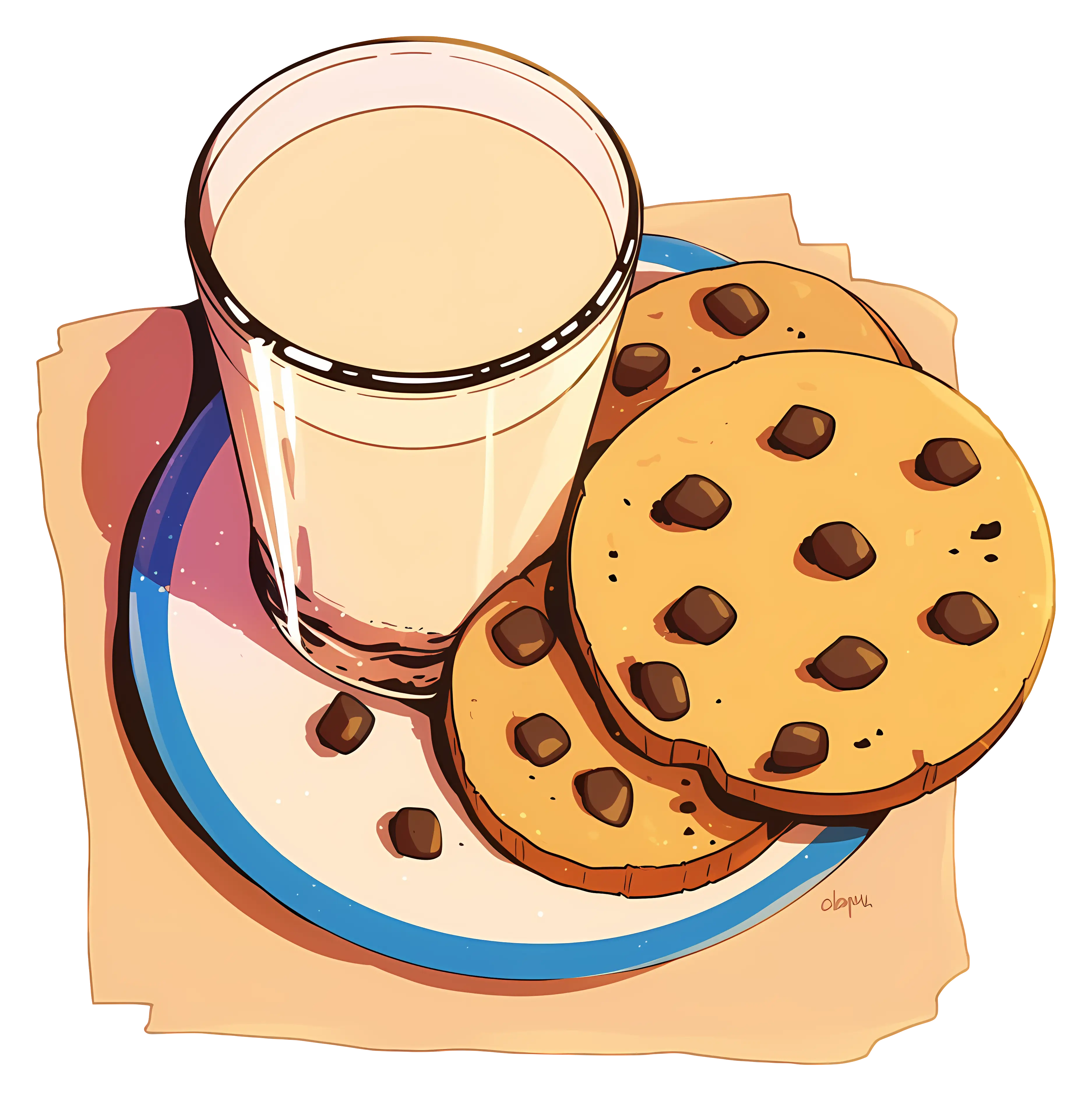 Glass of Milk with Chocolate Chip Cookies on Plate