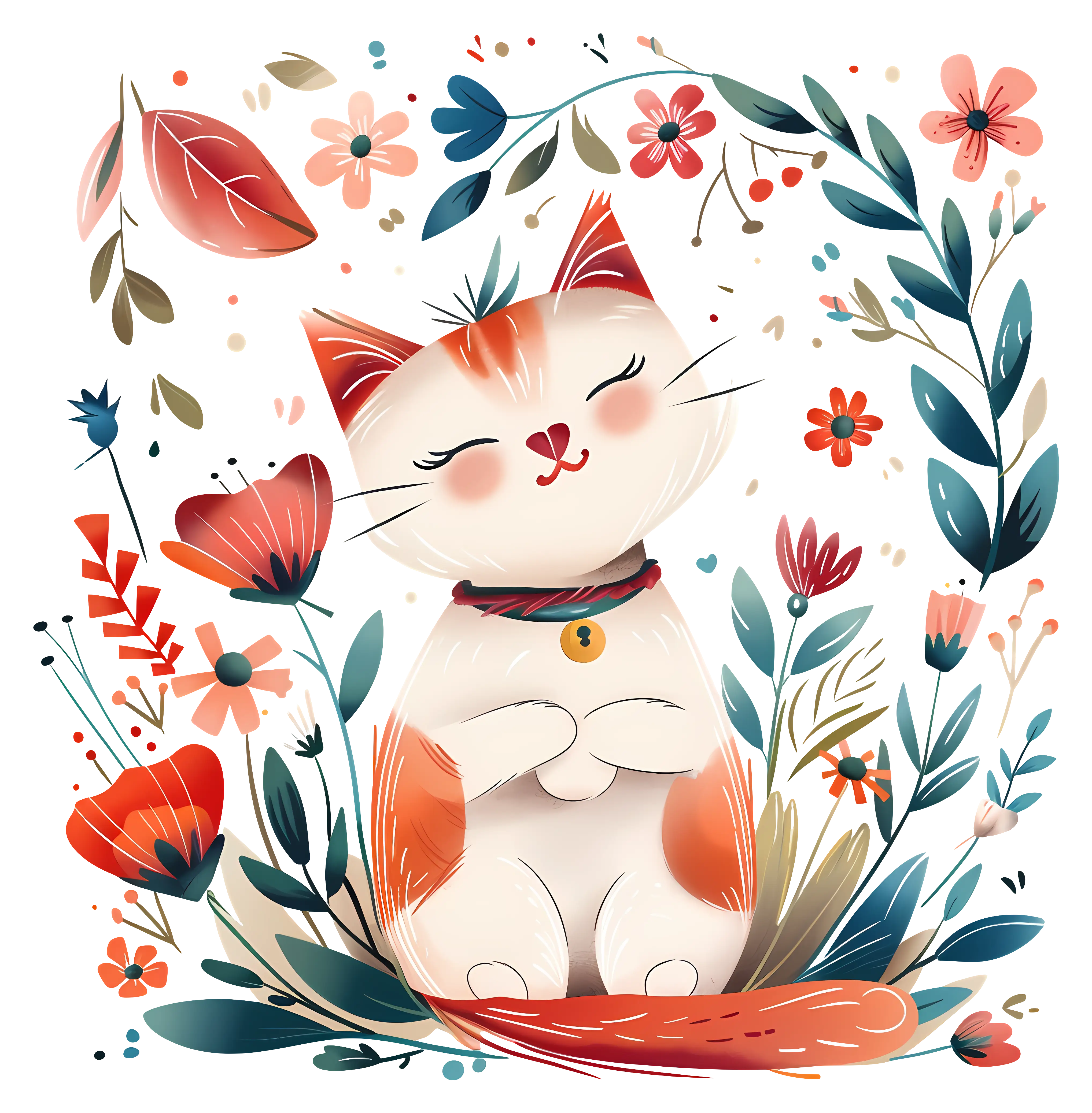 Cute Cat Surrounded by Flowers