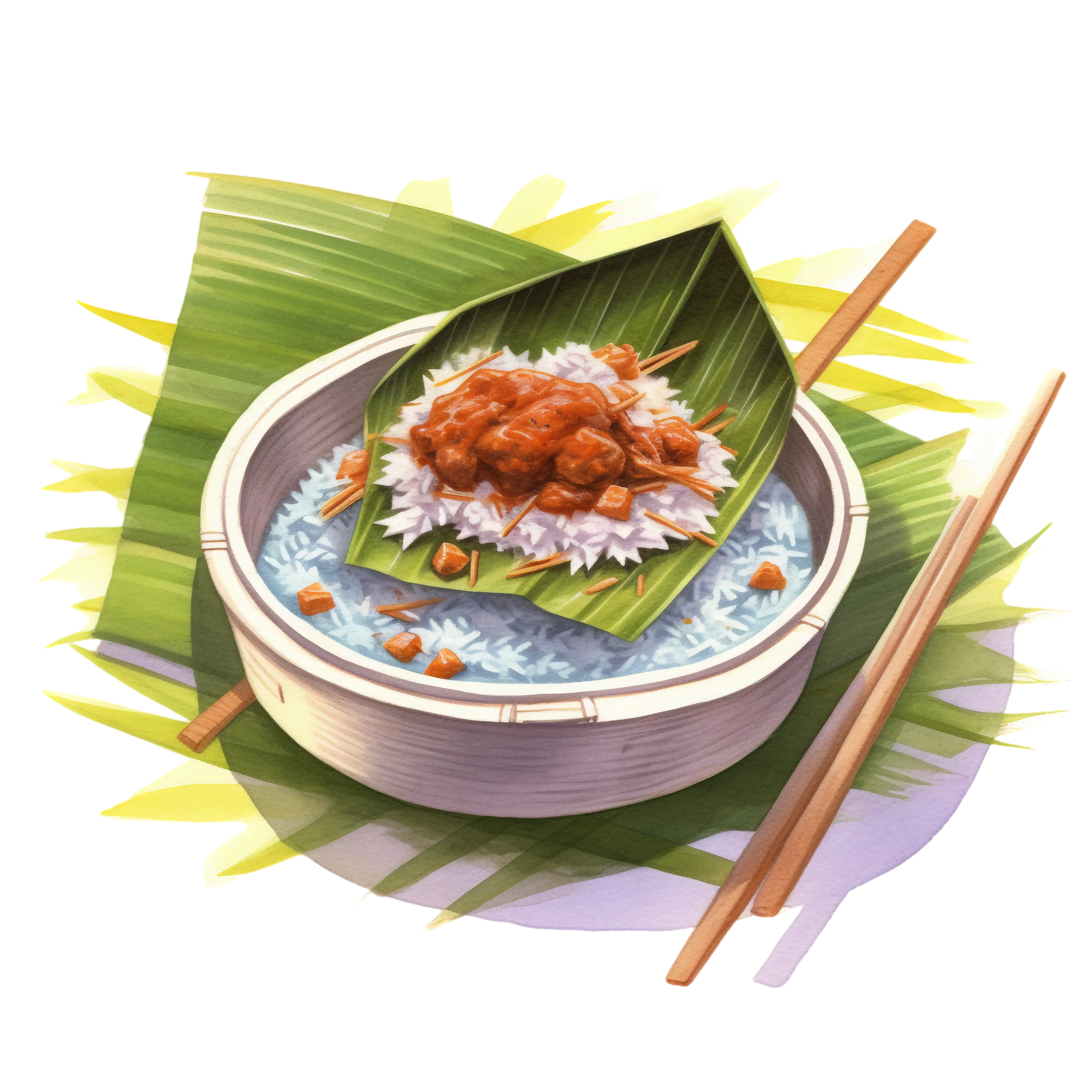 Rice and Curry Meal on Banana Leaf Illustration