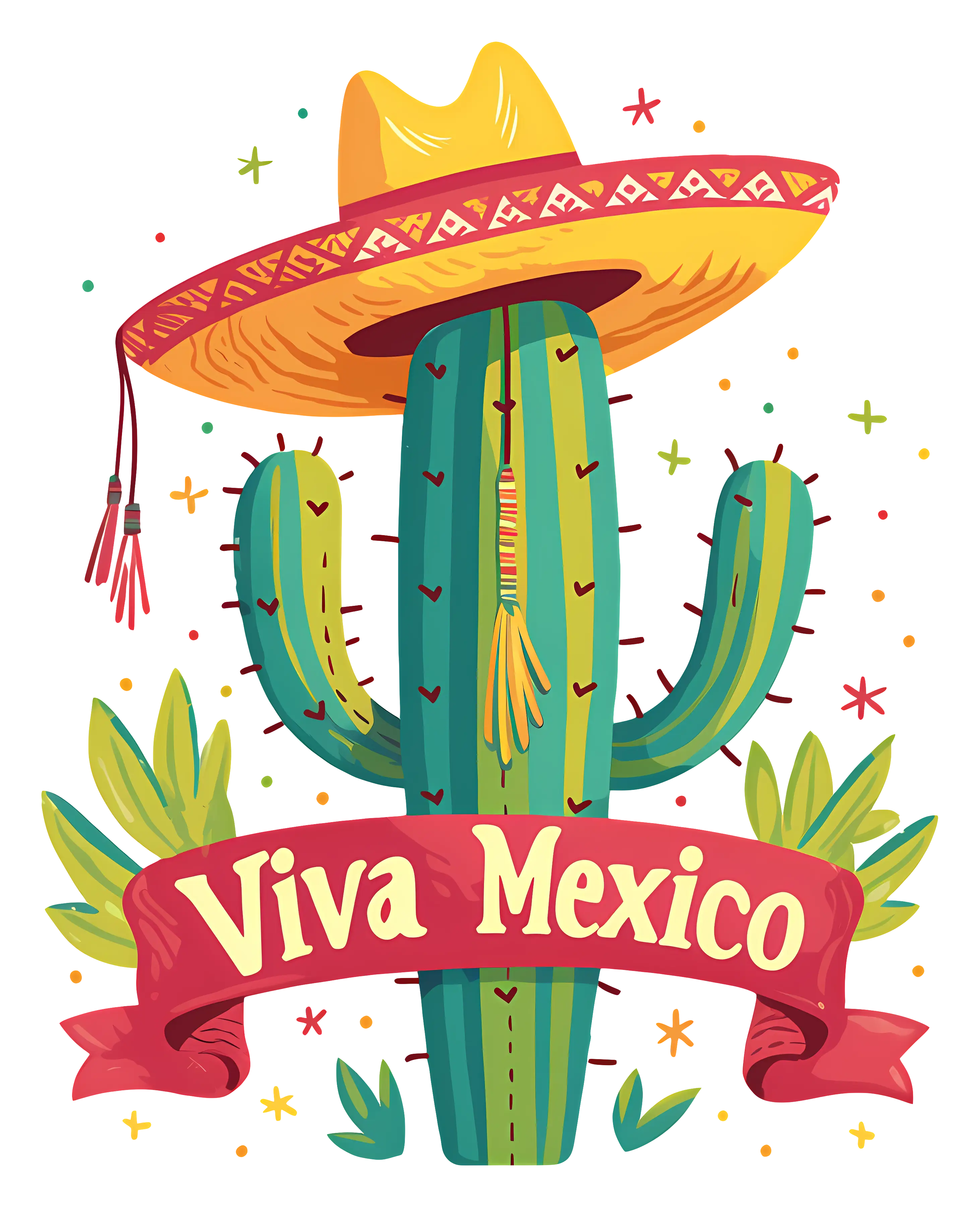 Festive Cactus Saying Viva Mexico with Hat and Banner