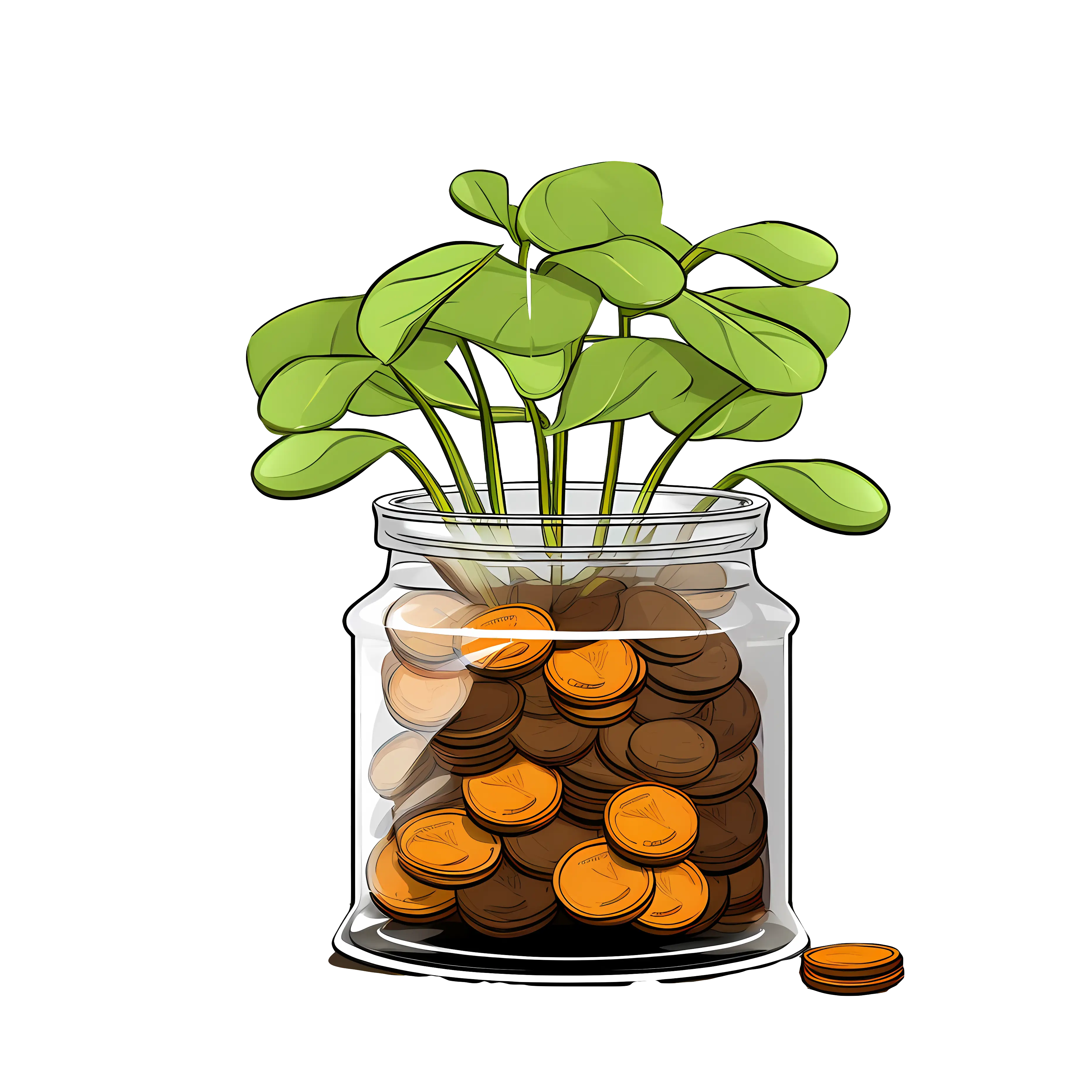 Jar with Plant and Coins for Savings