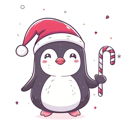 Penguin in Santa Hat Holding Candy Cane