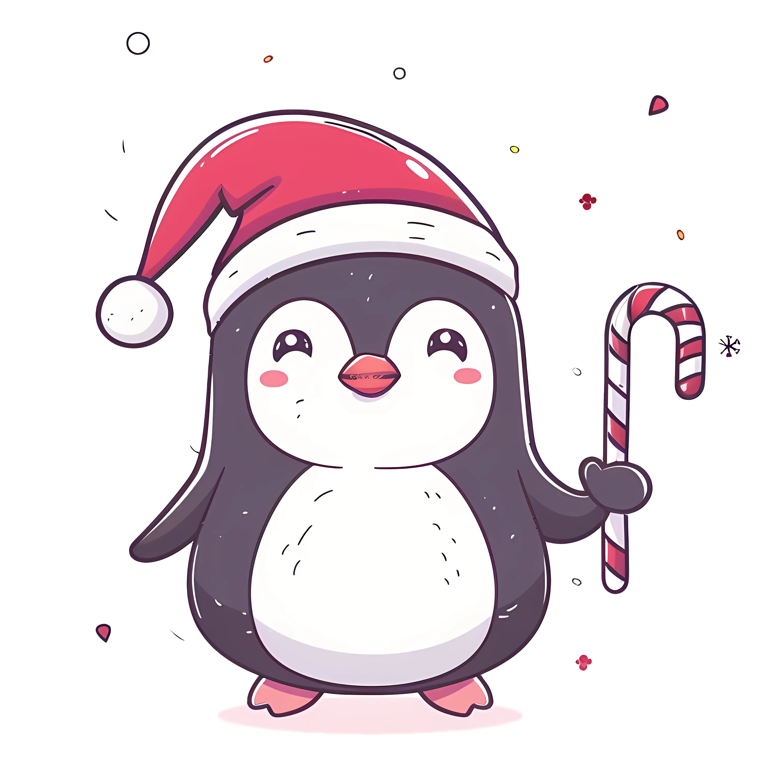 Penguin in Santa Hat Holding Candy Cane