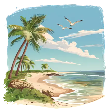 Tranquil Beach Illustration with Seagulls