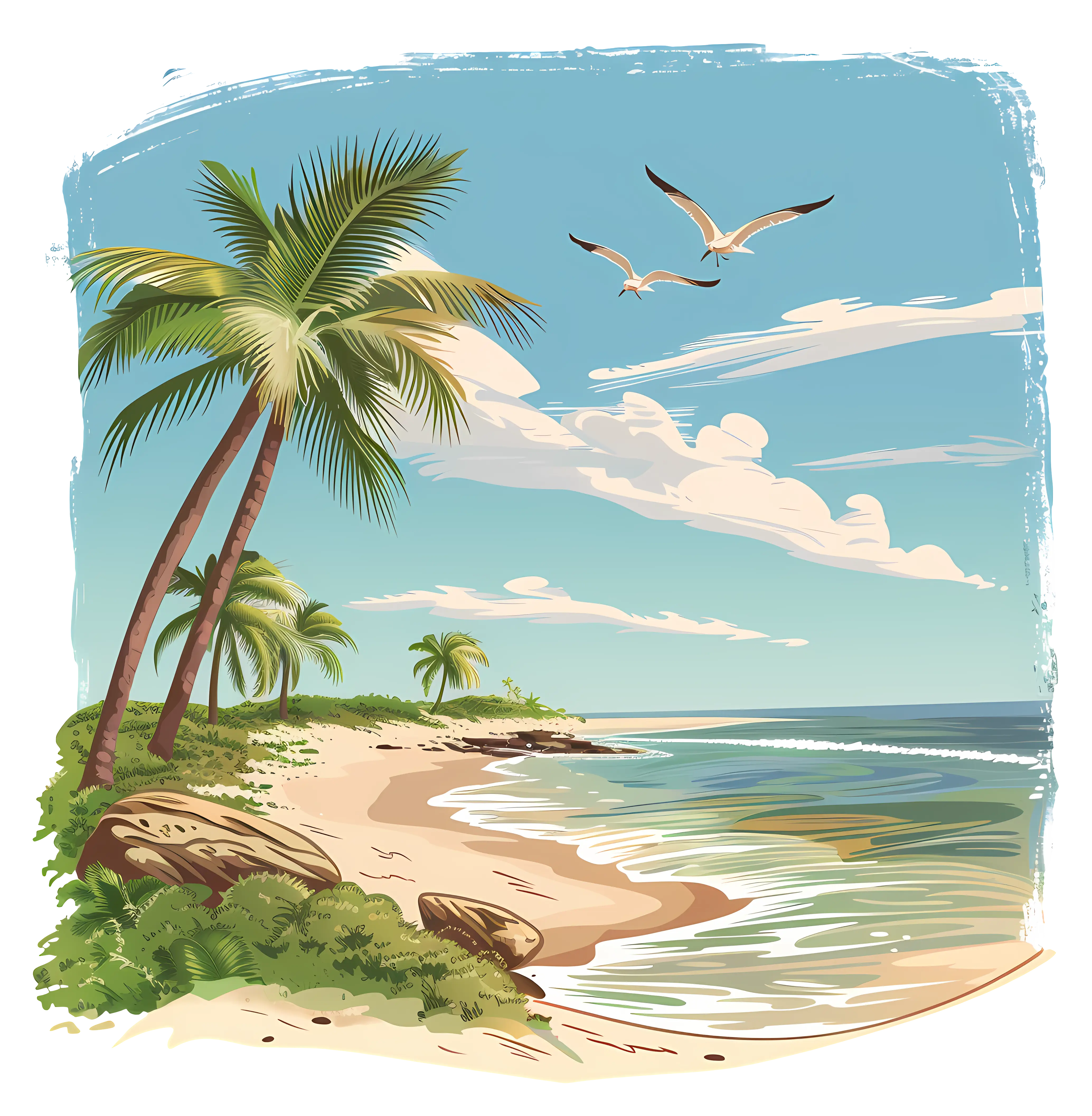 Tranquil Beach Illustration with Seagulls