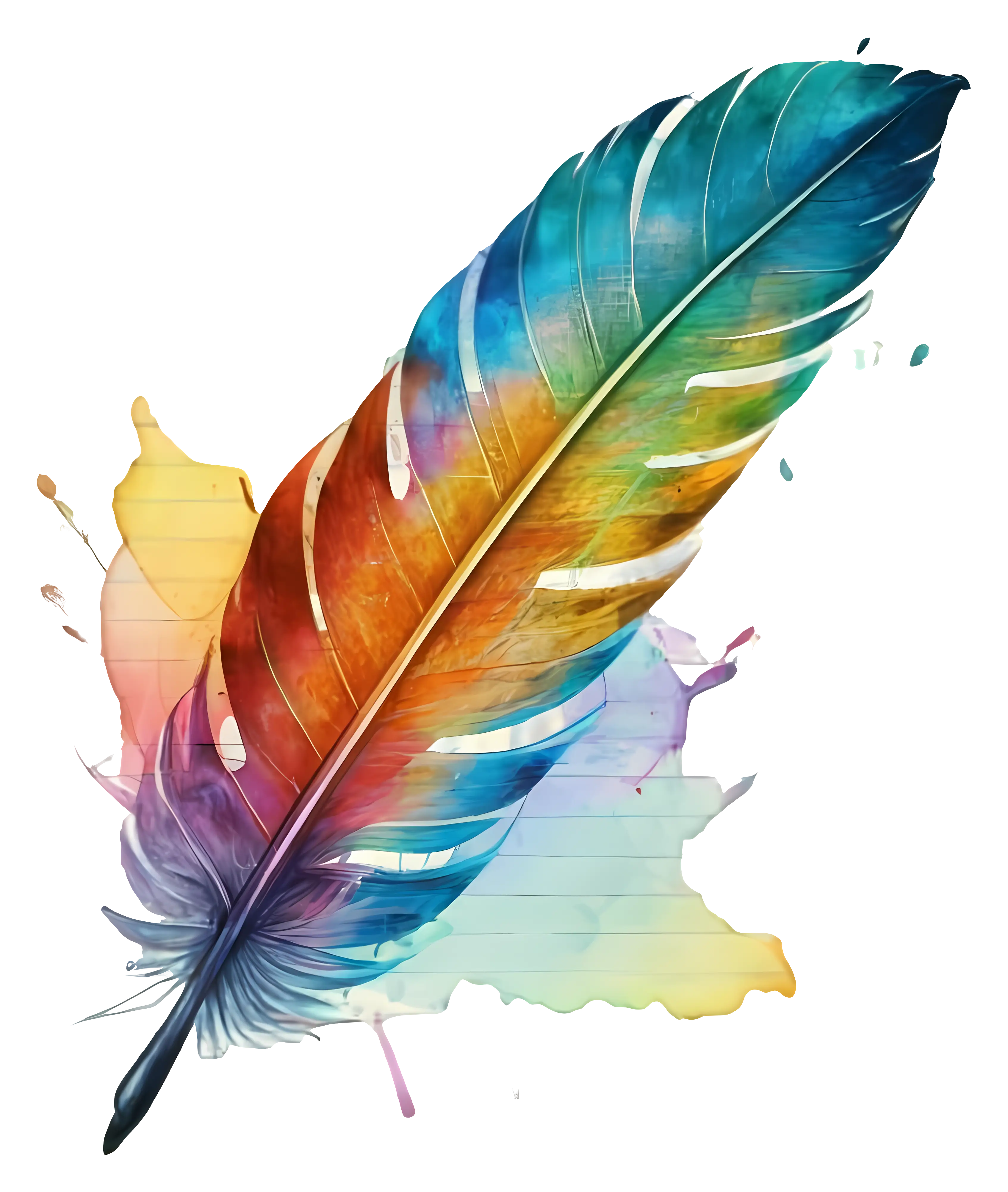 Colorful Feather with Watercolor Accents