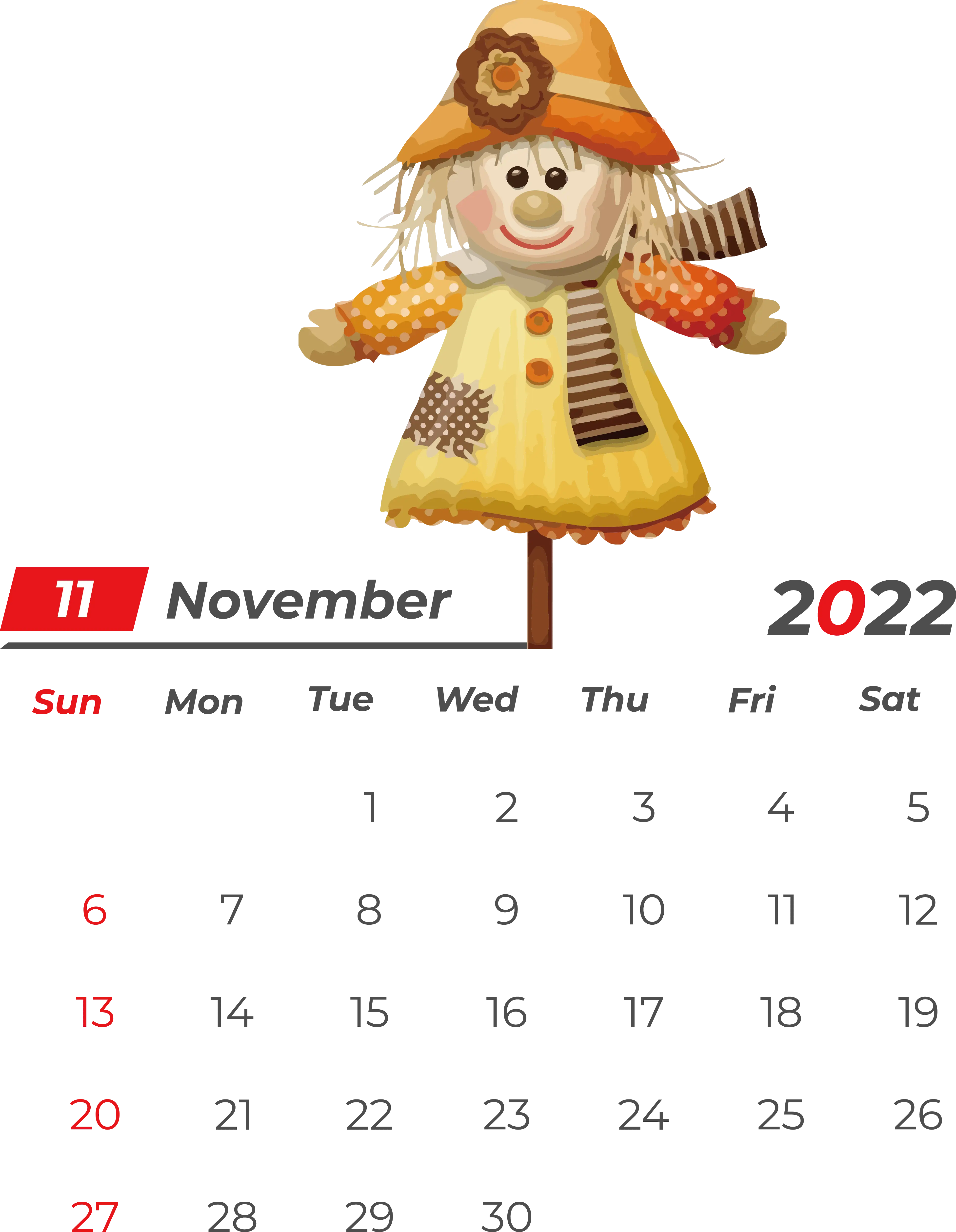November 2022 Calendar with Cute Doll Design