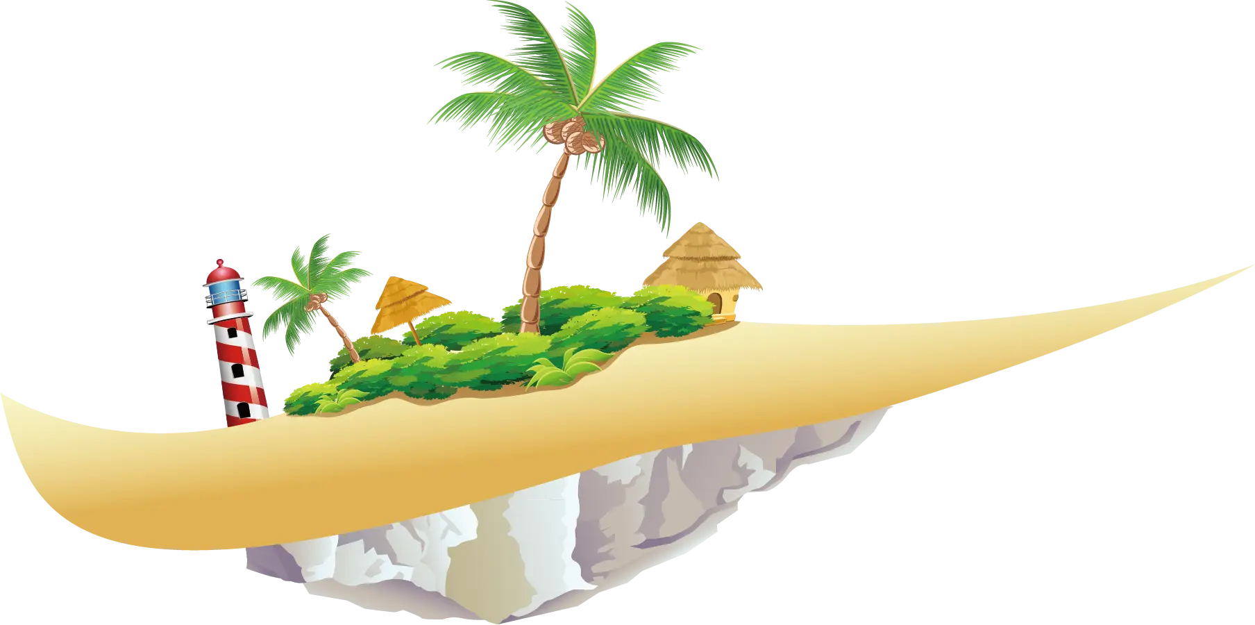 Tropical Island with Palm Trees and Huts