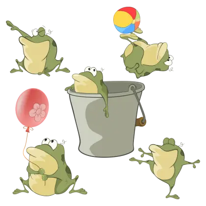 Green Cartoon Frogs Playing with a Bucket and Balloon