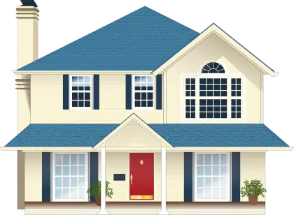Yellow Suburban House Illustration with Blue Roof