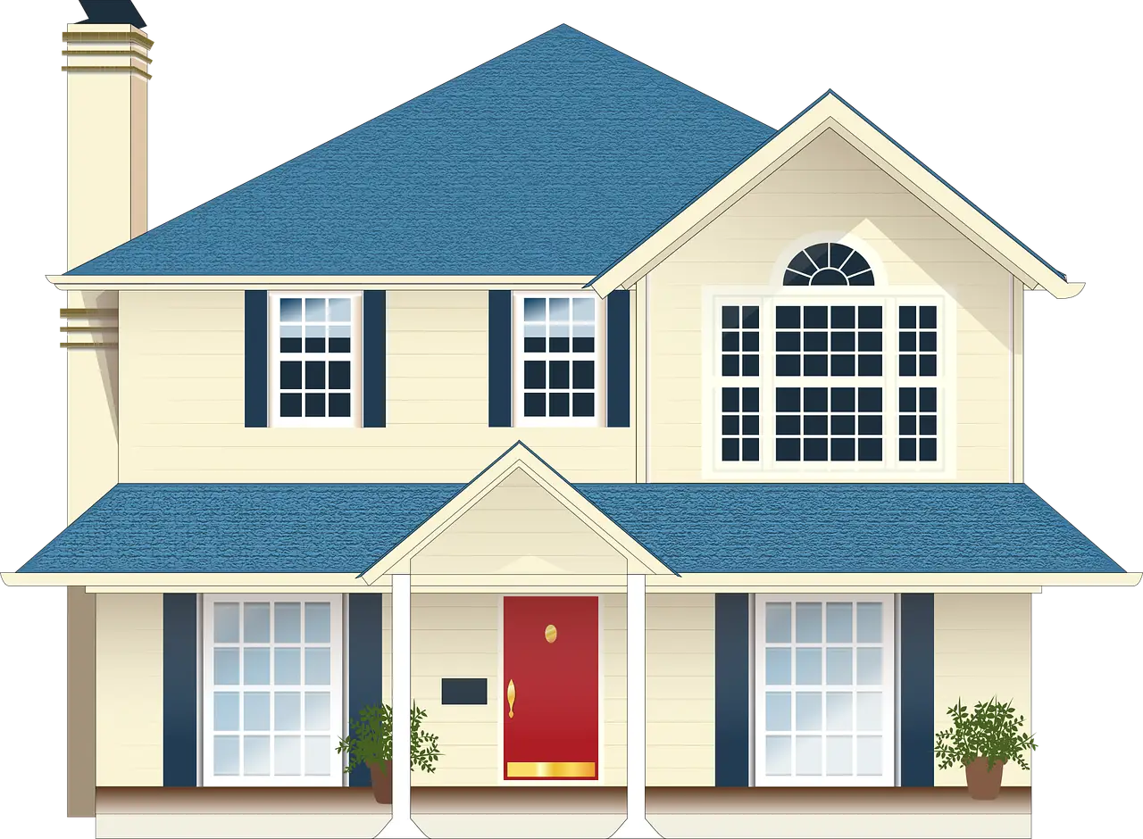 Yellow Suburban House Illustration with Blue Roof