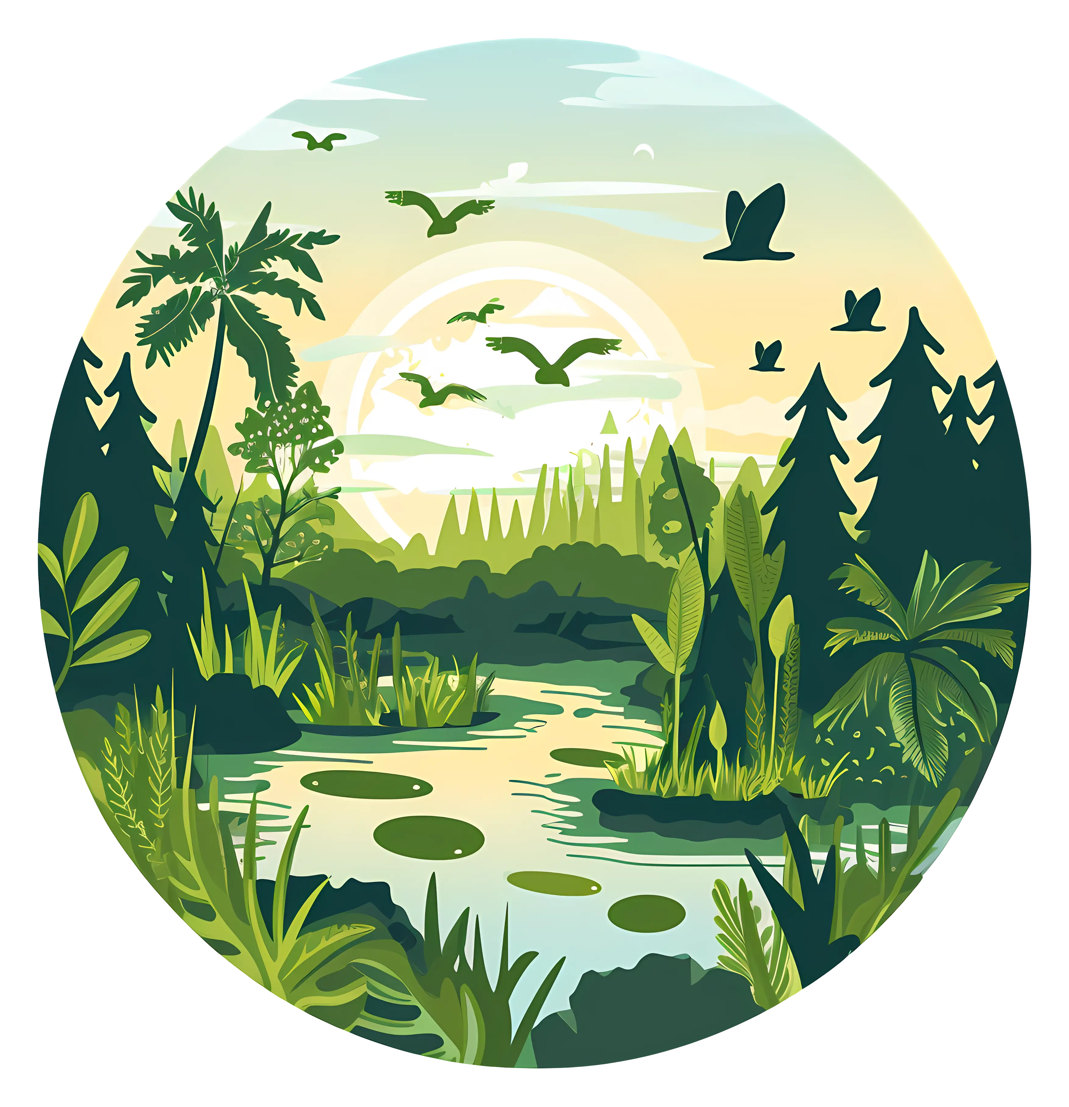 Beautiful Forest Landscape with River and Birds
