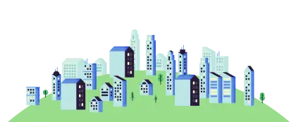 Cartoon Cityscape with Green Hill